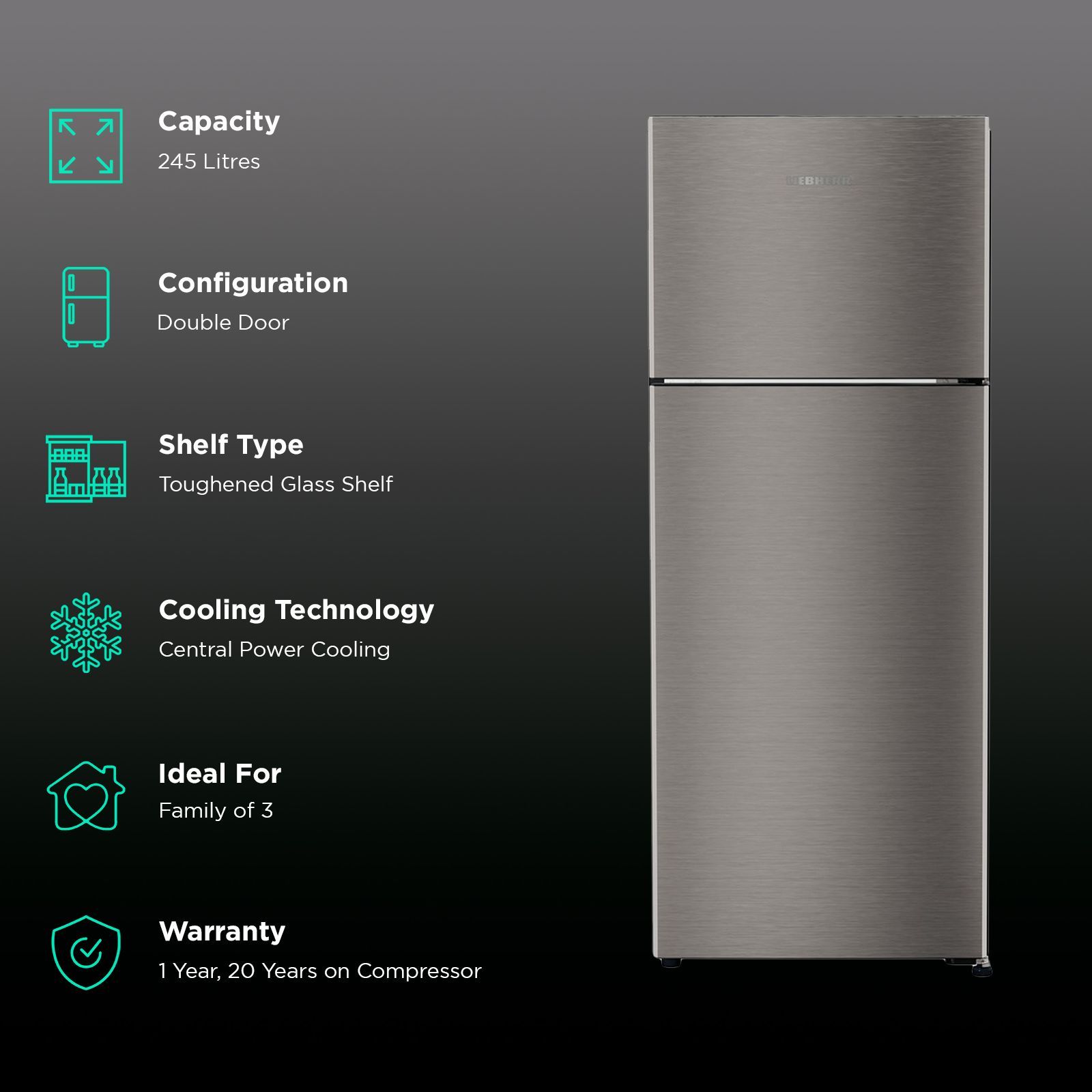 LIEBHERR Pure 245 Litres 2 Star Frost Free Double Door Refrigerator with Anti Bacterial Gasket (TCPgsB 2411, Grey Steel) LIEBHERR Pure 245 Litres 2 Star Frost Free Double Door Refrigerator with Anti Bacterial Gasket (TCPgsB 2411, Grey Steel)_2