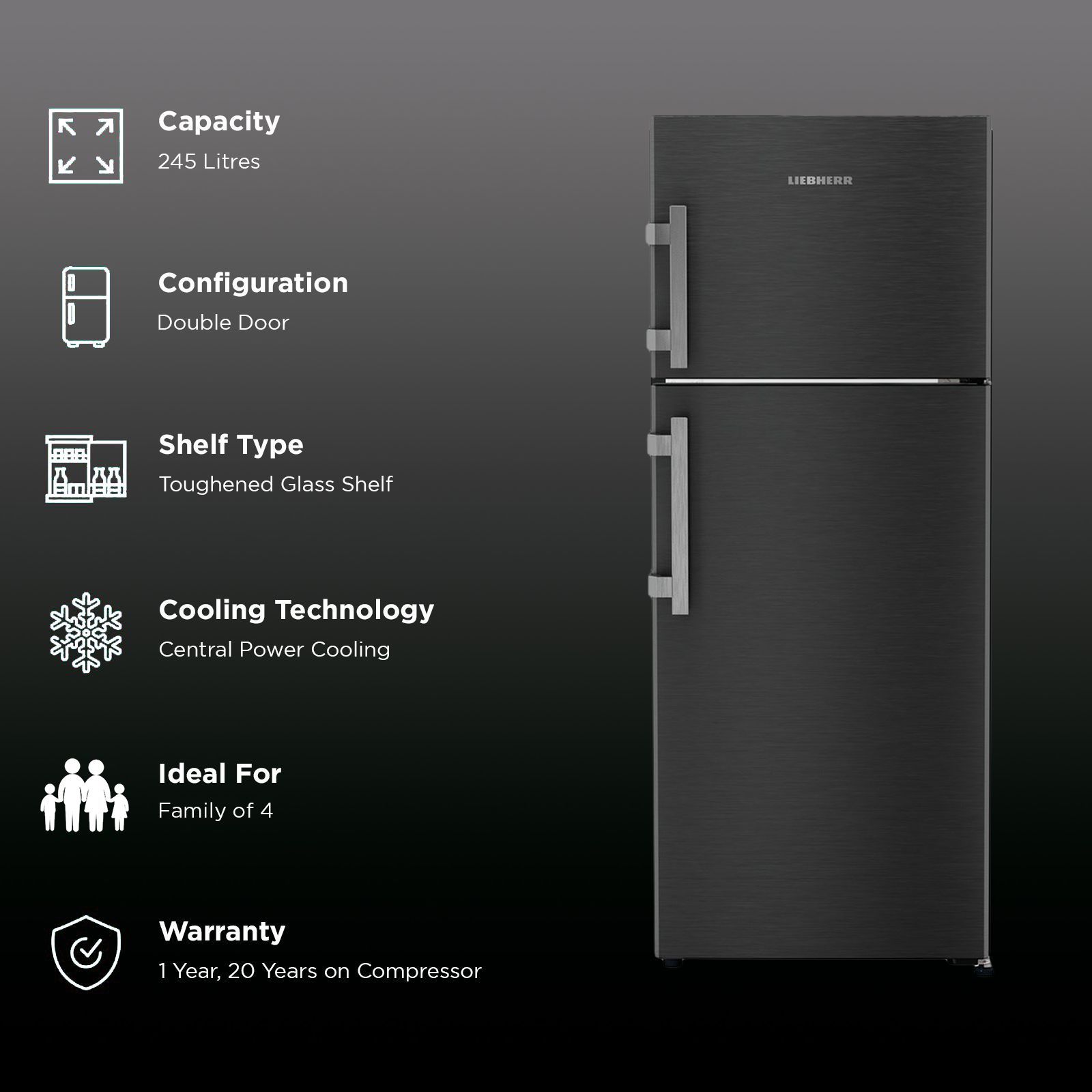 LIEBHERR Pure 245 Litres 2 Star Frost Free Double Door Refrigerator with Anti-Bacterial Gasket (TCLbsB 2411, Black Steel)_2