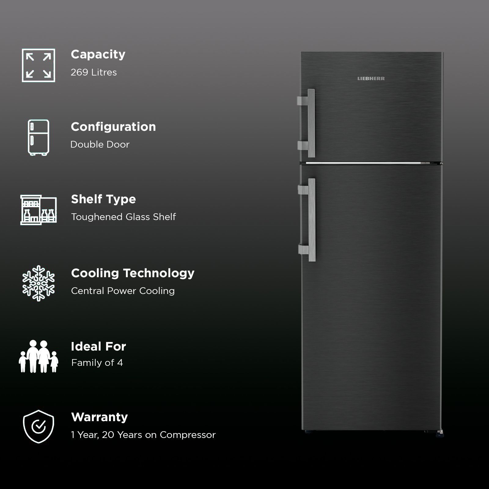 LIEBHERR Pure 269 Litres 2 Star Frost Free Double Door Refrigerator with Stabilizer Free Operation (TCLbsB 2711, Black Steel) LIEBHERR Pure 269 Litres 2 Star Frost Free Double Door Refrigerator with Stabilizer Free Operation (TCLbsB 2711, Black Steel)_2
