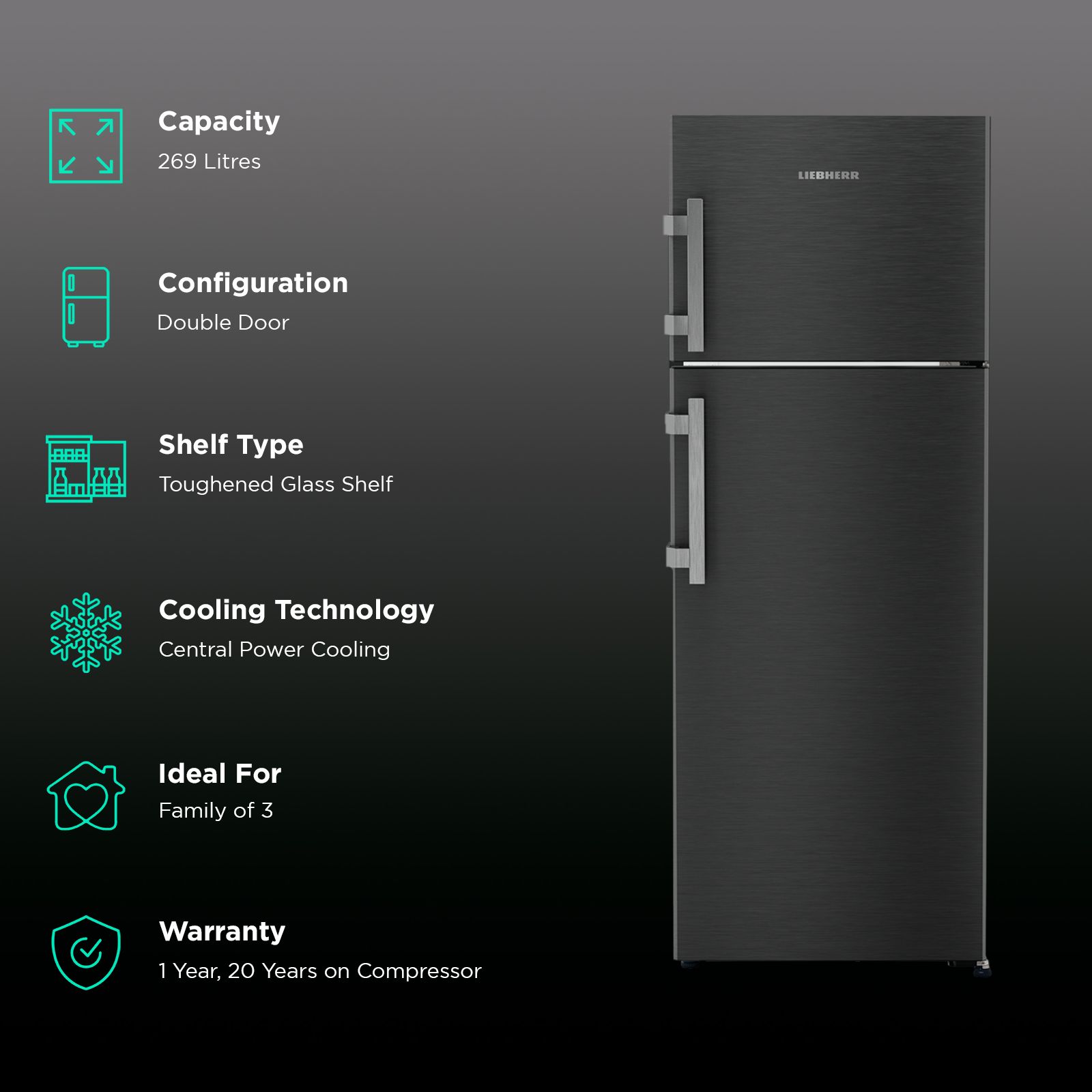 LIEBHERR Pure 269 Litres 2 Star Frost Free Double Door Refrigerator with Stabilizer Free Operation (TCLbsB 2711, Black Steel) LIEBHERR Pure 269 Litres 2 Star Frost Free Double Door Refrigerator with Stabilizer Free Operation (TCLbsB 2711, Black Steel)_2