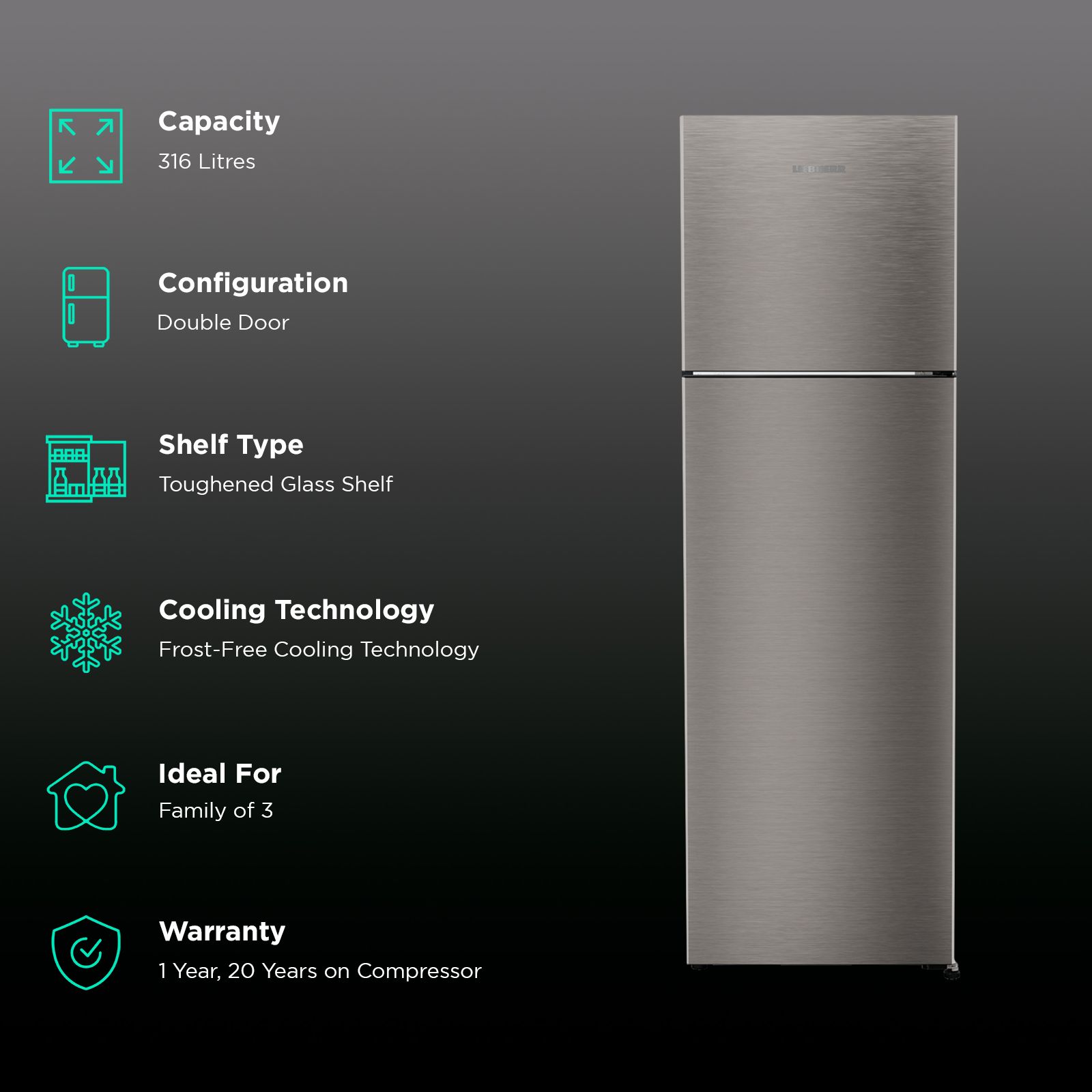 LIEBHERR Pure 316 Litres 2 Star Frost Free Double Door Refrigerator with Stabilizer Free Operation (TDPgsB 3111, Grey Steel)_2