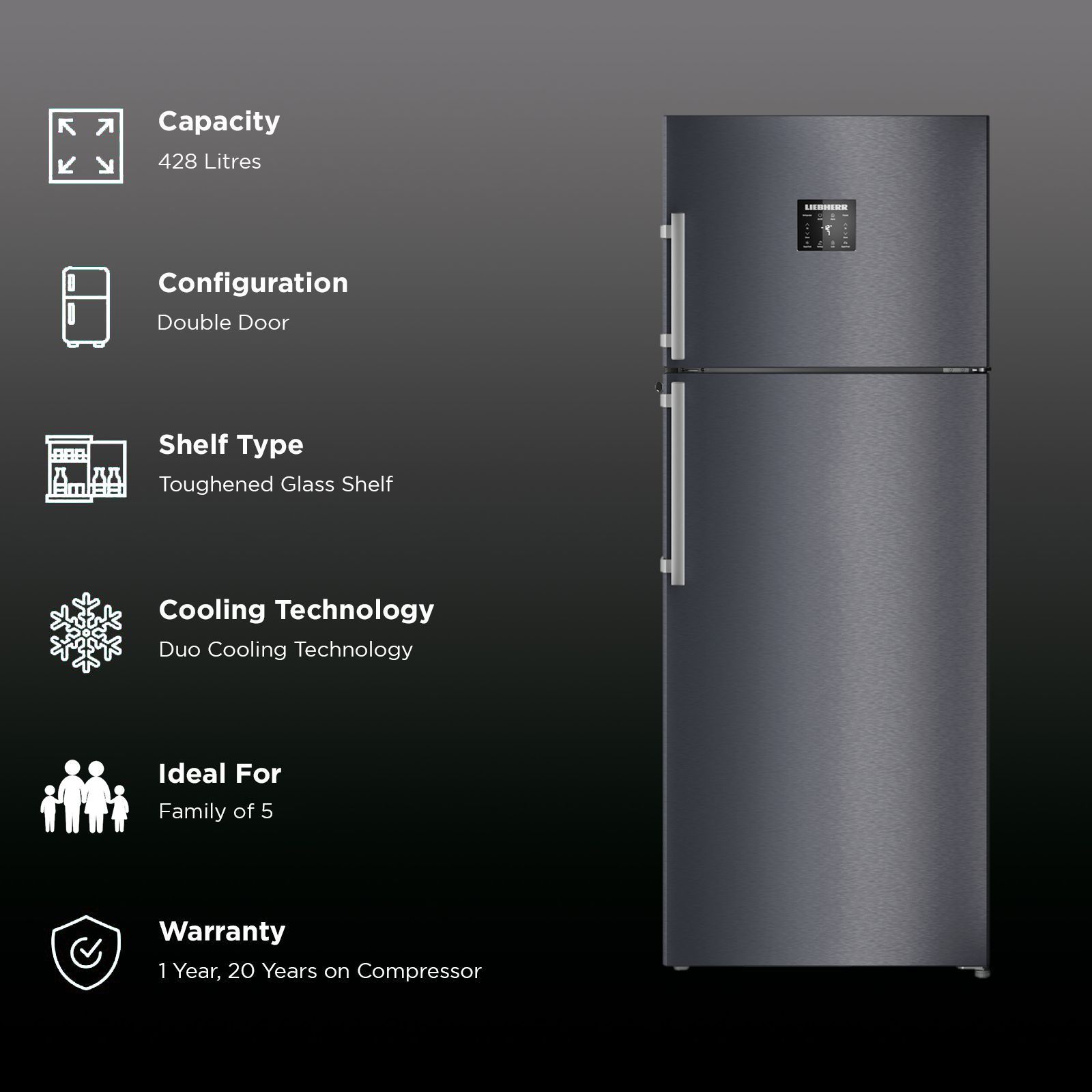 LIEBHERR Prime 428 Litres 2 Star Frost Free Double Door Refrigerator with Anti Bacterial Gasket (TEBcsB 4255, Cobalt Steel)_2