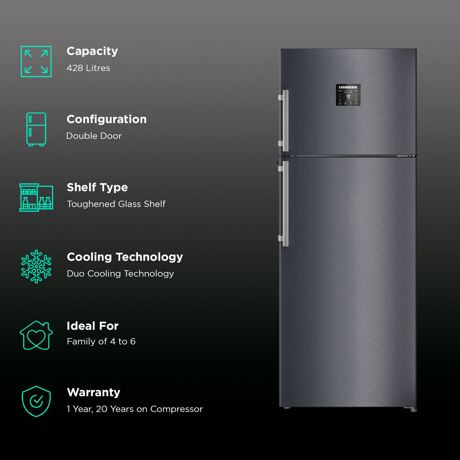 LIEBHERR Prime 428 Litres 2 Star Frost Free Double Door Refrigerator with Anti Bacterial Gasket (TEBcsB 4255, Cobalt Steel)_2
