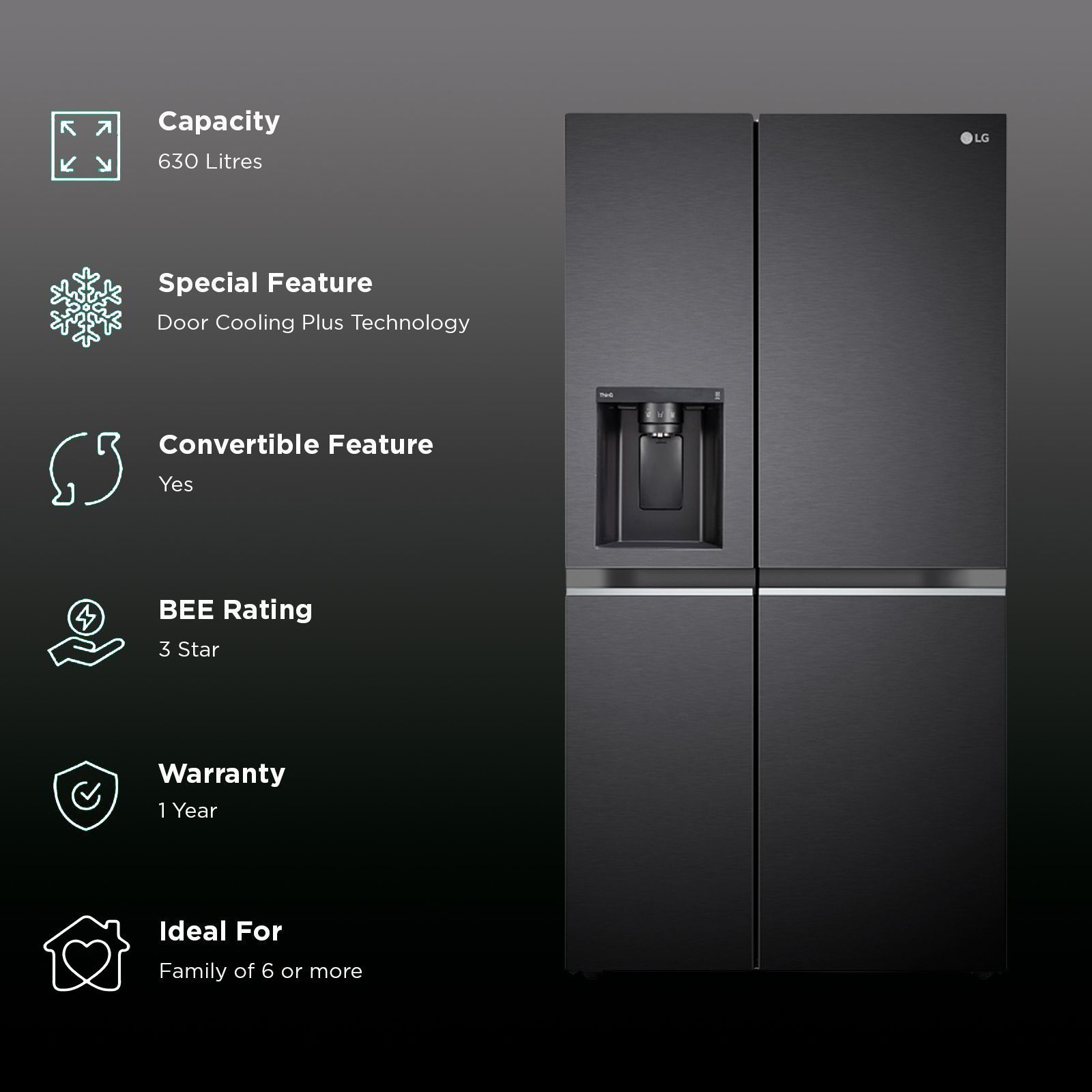 LG 630 Litres 3 Star Frost Free Side by Side Door Smart Wifi Enabled Refrigerator with Multi Air Flow (GL-L257CMC3, Matt Black)_2