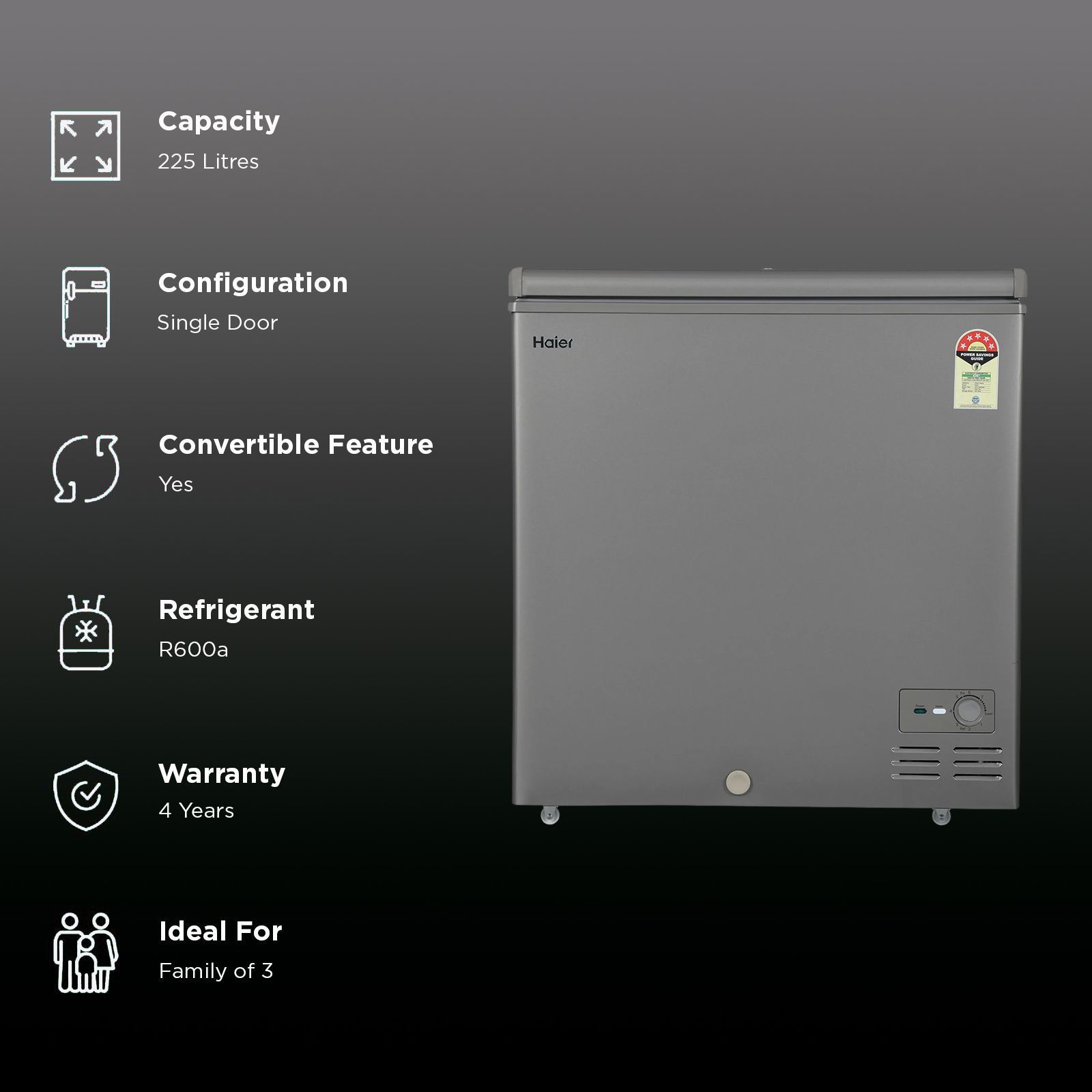 Haier Titanium 225 Litres 5 Star Single Door Deep Freezer (Stabilizer Free Operation, HFC-225SME5, Grey)_2