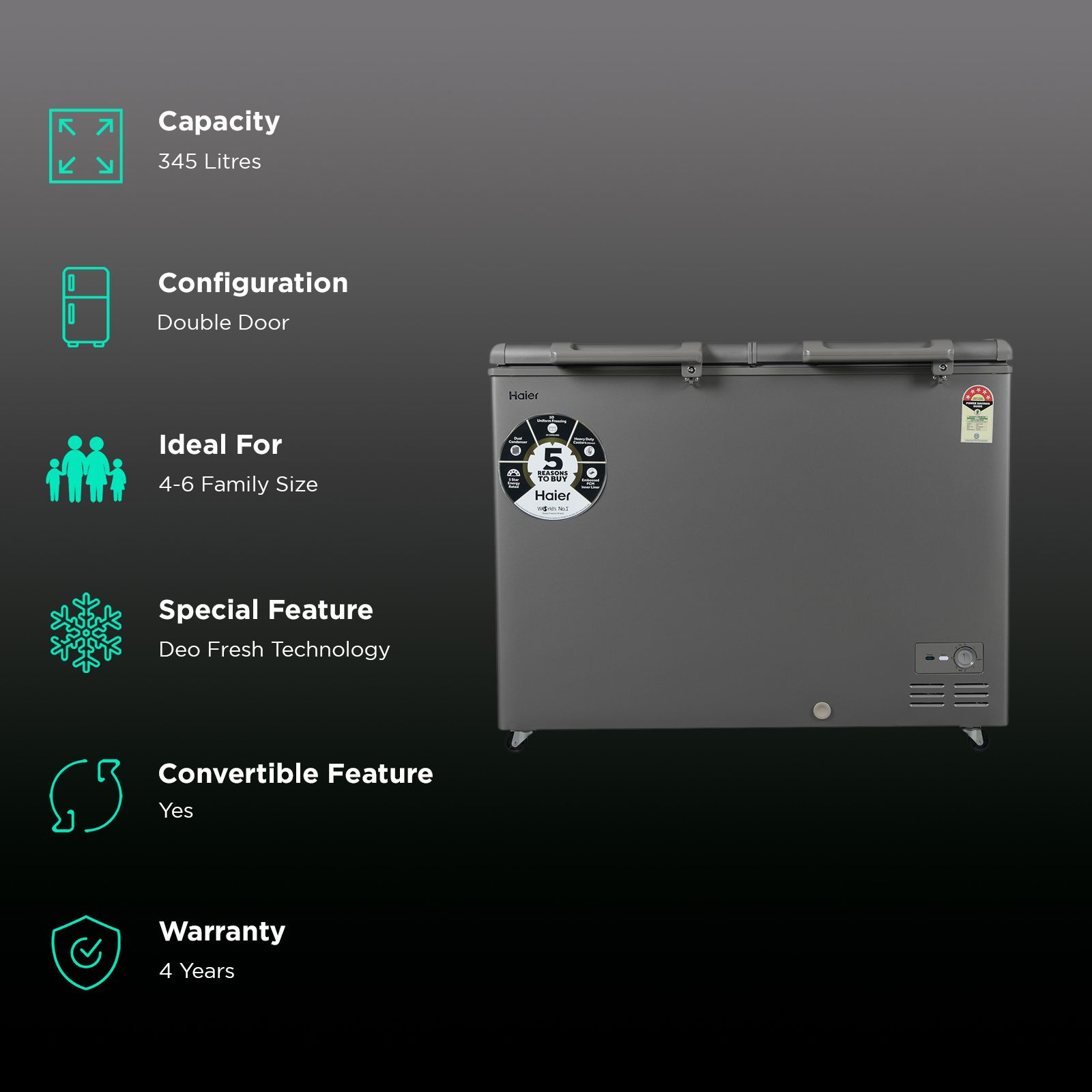 Haier Titanium 345 Litres 5 Star Double Door Deep Freezer with Stabilizer Free Operation (HFC-345DME5, Grey)_2