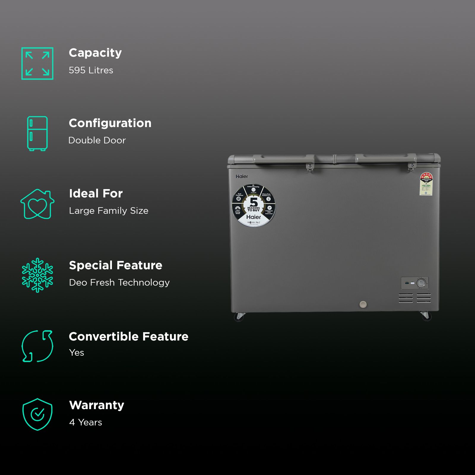 Haier Titanium 595 Litres 5 Star Double Door Deep Freezer with Stabilizer Free Operation (HFC-595DME5, Grey)_2
