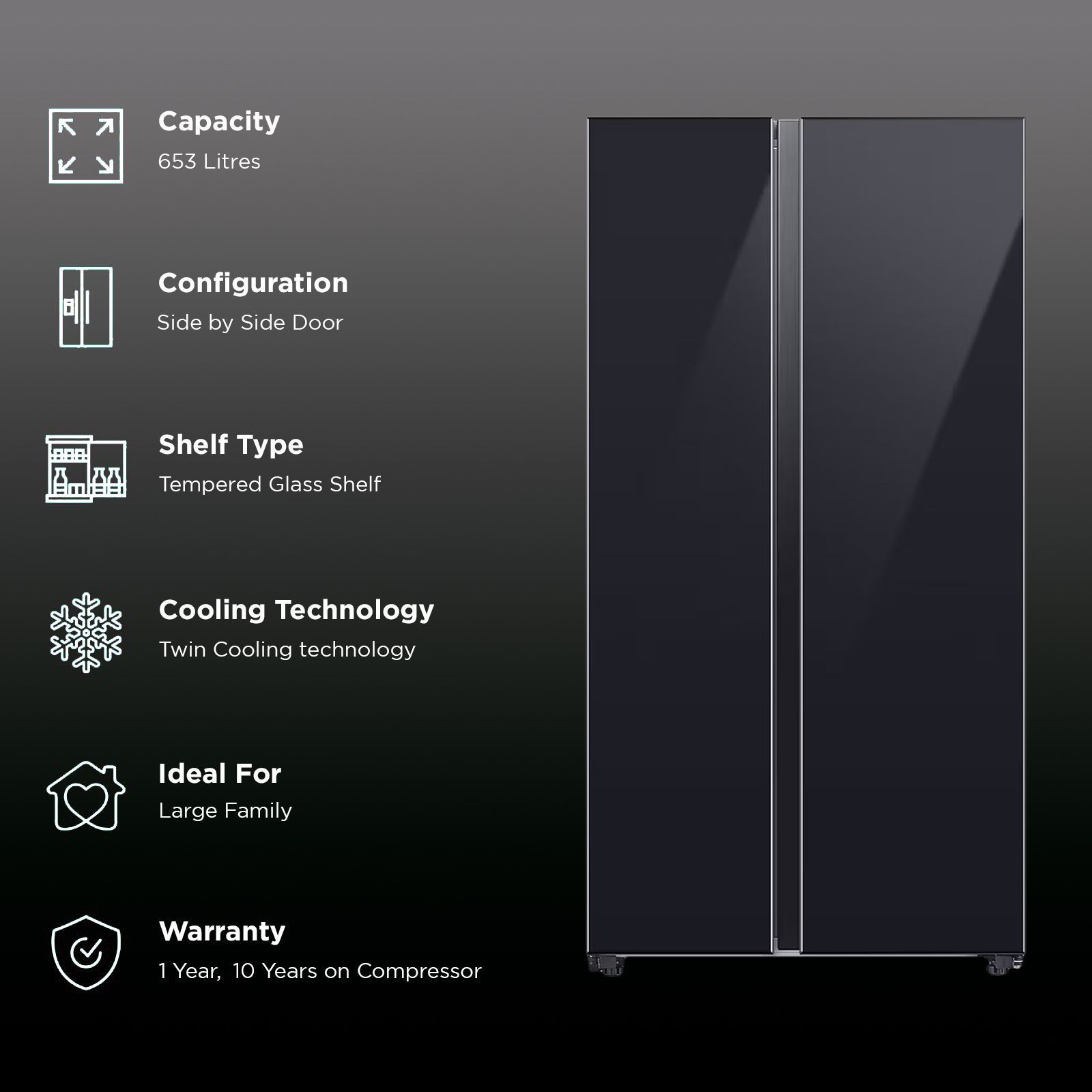 SAMSUNG 653 Litres 3 Star Frost Free Side by Side Door Smart Wifi Enabled Convertible Refrigerator with Twin Cooling Plus Technology (RS76CB81A333/HL, Glam Deep Charcoal)_2