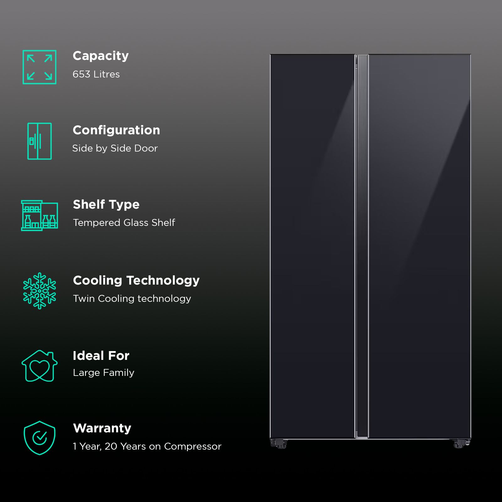 SAMSUNG 653 Litres 3 Star Frost Free Side by Side Door Smart Wifi Enabled  Convertible Refrigerator with Twin Cooling Plus Technology (RS76CB81A333/HL, Glam Deep Charcoal)_2