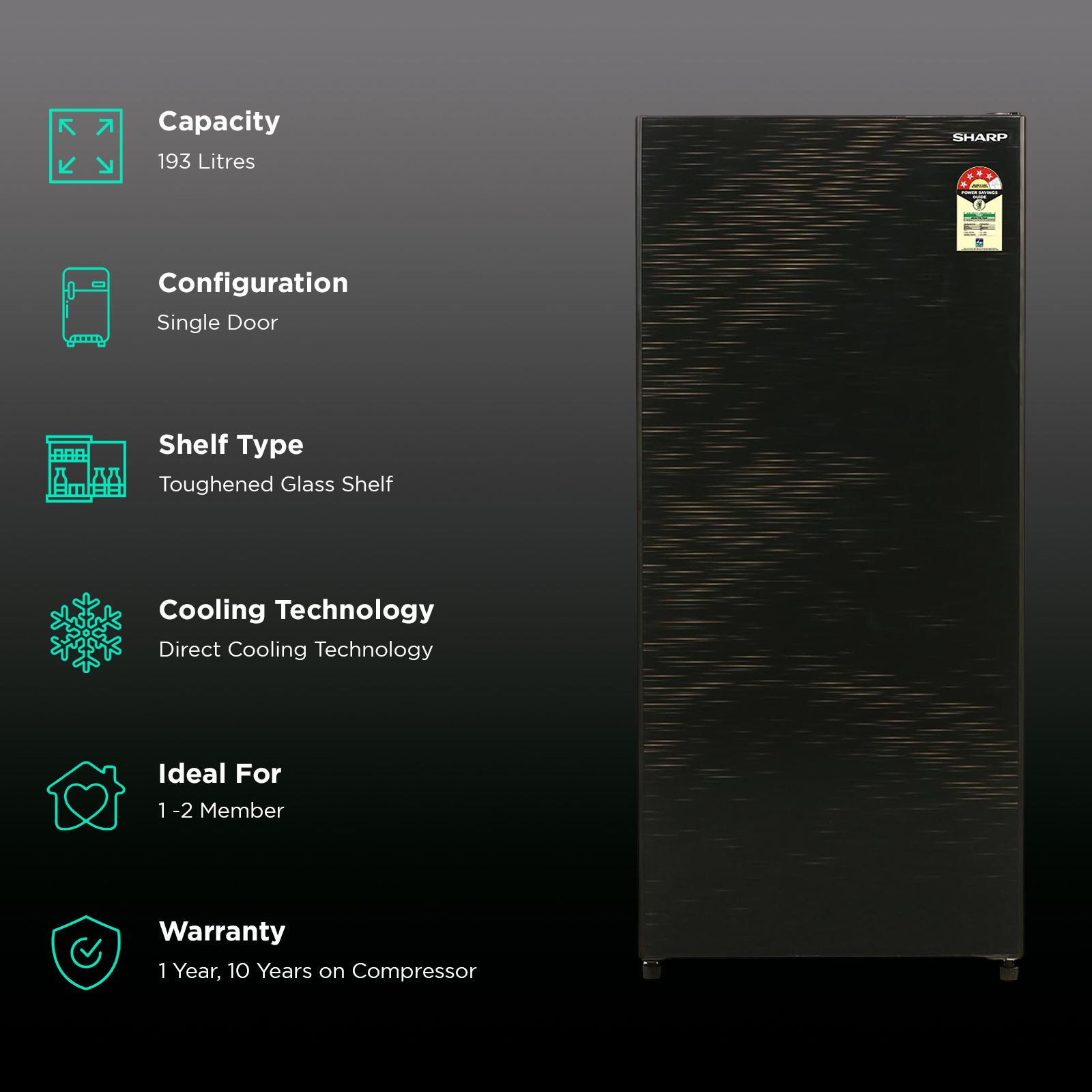 SHARP 175 Litres 4 Star Direct Cool Single Door Refrigerator with Anti Bacterial Gasket (SJ-G19ST-BK, Black)_2