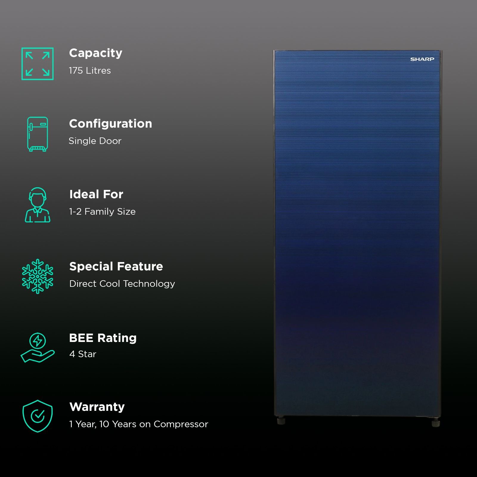SHARP 175 Litres 4 Star Direct Cool Single Door Refrigerator with Anti Bacterial Gasket (SJ-G19ST-BL, Blue) SHARP 175 Litres 4 Star Direct Cool Single Door Refrigerator with Anti Bacterial Gasket (SJ-G19ST-BL, Blue)_2