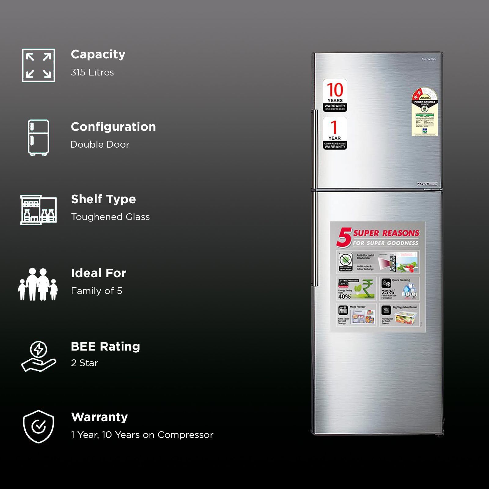 SHARP 315 Litres 2 Star Frost Free Double Door Refrigerator with Anti Bacterial Gasket (SJ-EP35T-SL, Silver) SHARP 315 Litres 2 Star Frost Free Double Door Refrigerator with Anti Bacterial Gasket (SJ-EP35T-SL, Silver)_2
