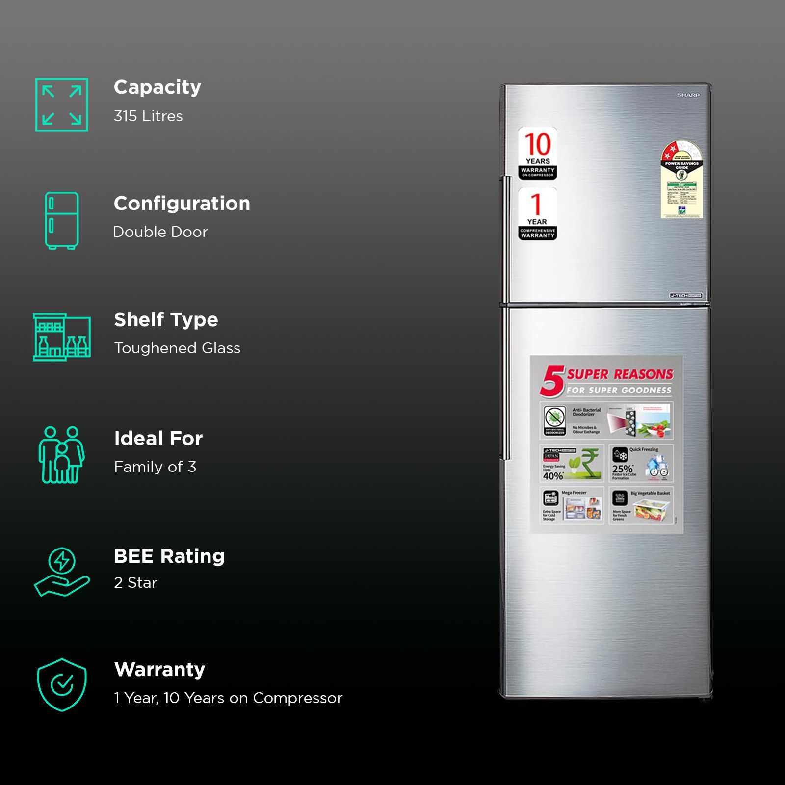SHARP 315 Litres 2 Star Frost Free Double Door Refrigerator with Anti Bacterial Gasket (SJ-EP35T-SL, Silver)_2