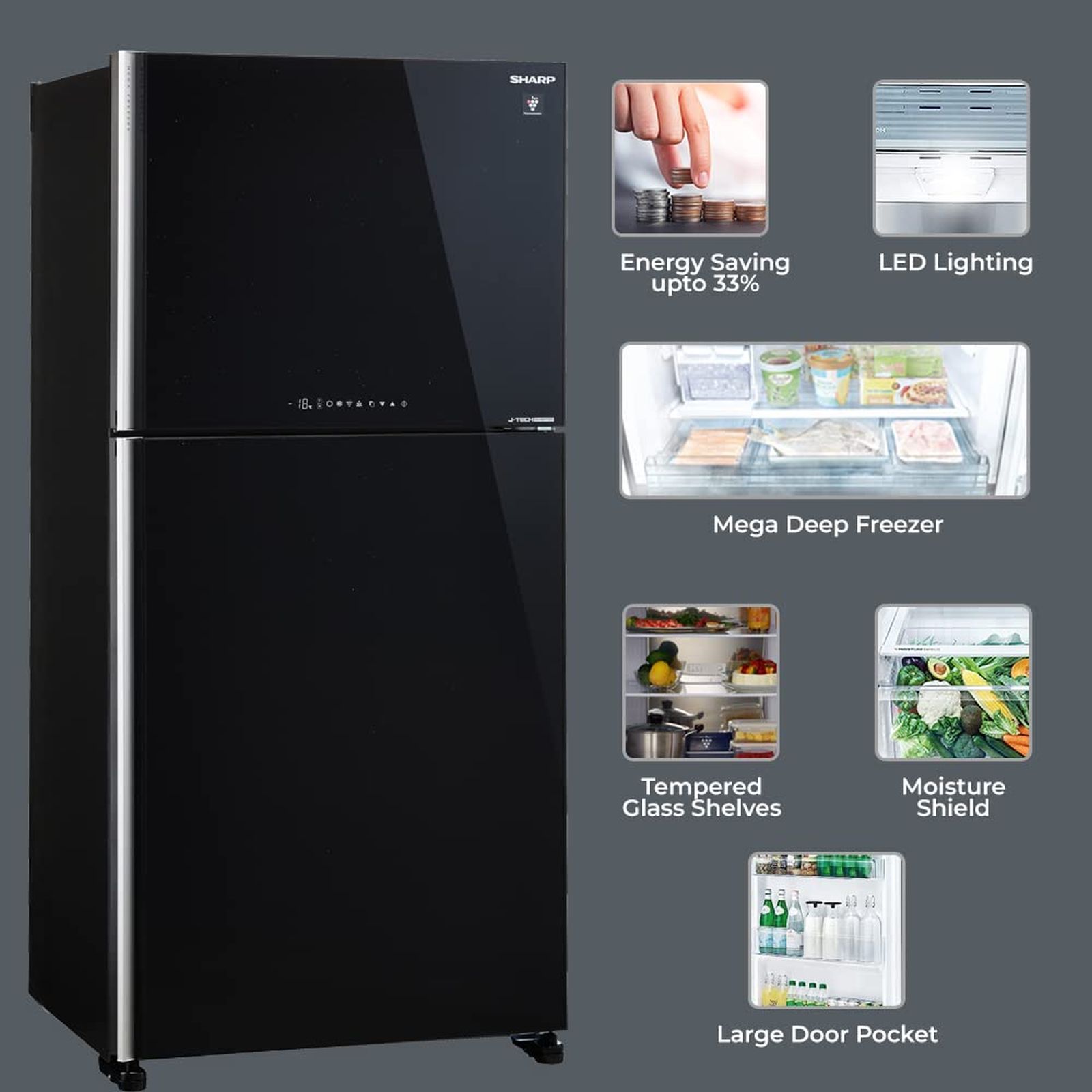 SHARP 556 Litres 2 Star Frost Free Double Door Refrigerator with Plasmacluster Technology (SJ-GP60T-BK, Black)_9