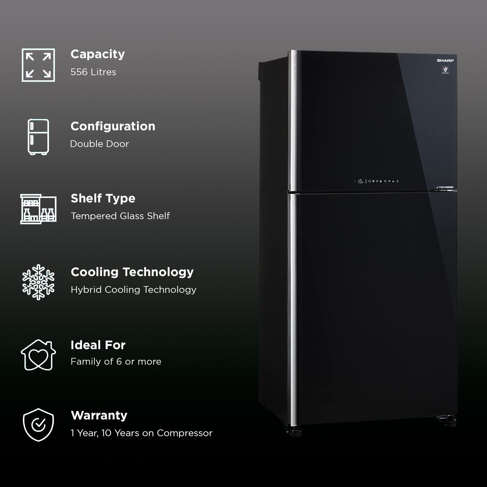 SHARP 556 Litres 2 Star Frost Free Double Door Refrigerator with Plasmacluster Technology (SJ-GP60T-BK, Black)_2