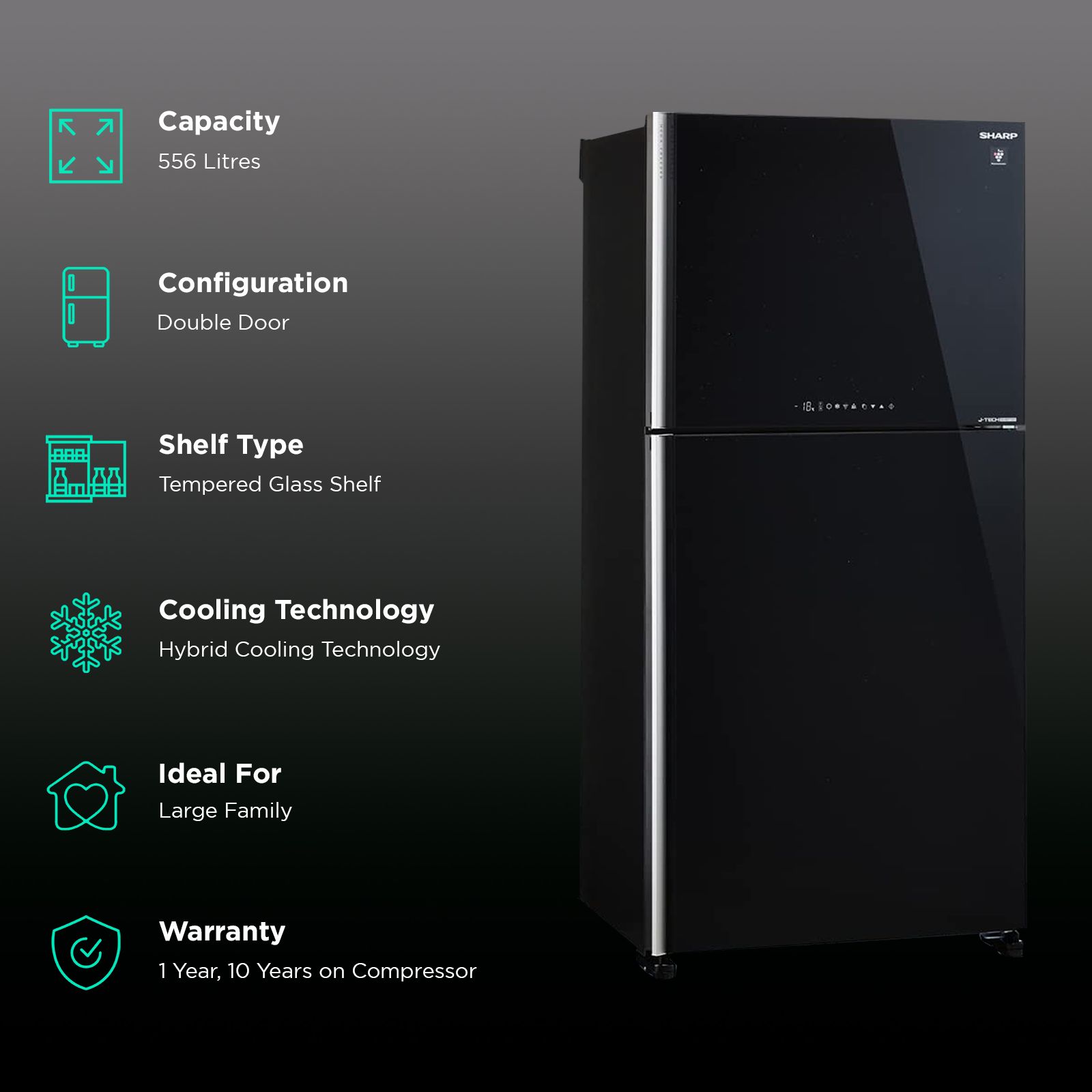 SHARP 556 Litres 2 Star Frost Free Double Door Refrigerator with Plasmacluster Technology (SJ-GP60T-BK, Black)_2