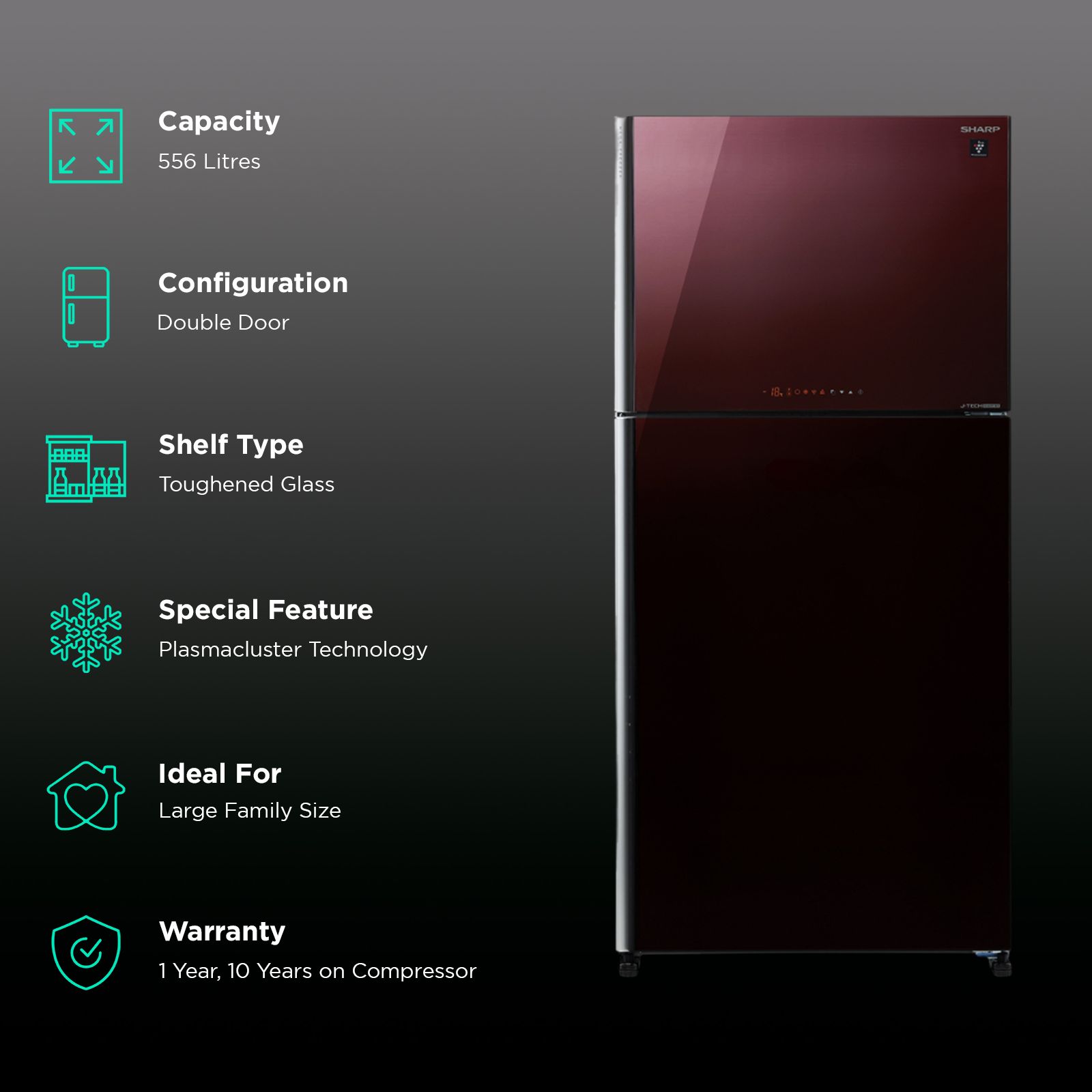 SHARP 556 Litres 2 Star Frost Free Double Door Refrigerator with Plasmacluster Technology (SJ-GP60T-MR, Maroon)_2