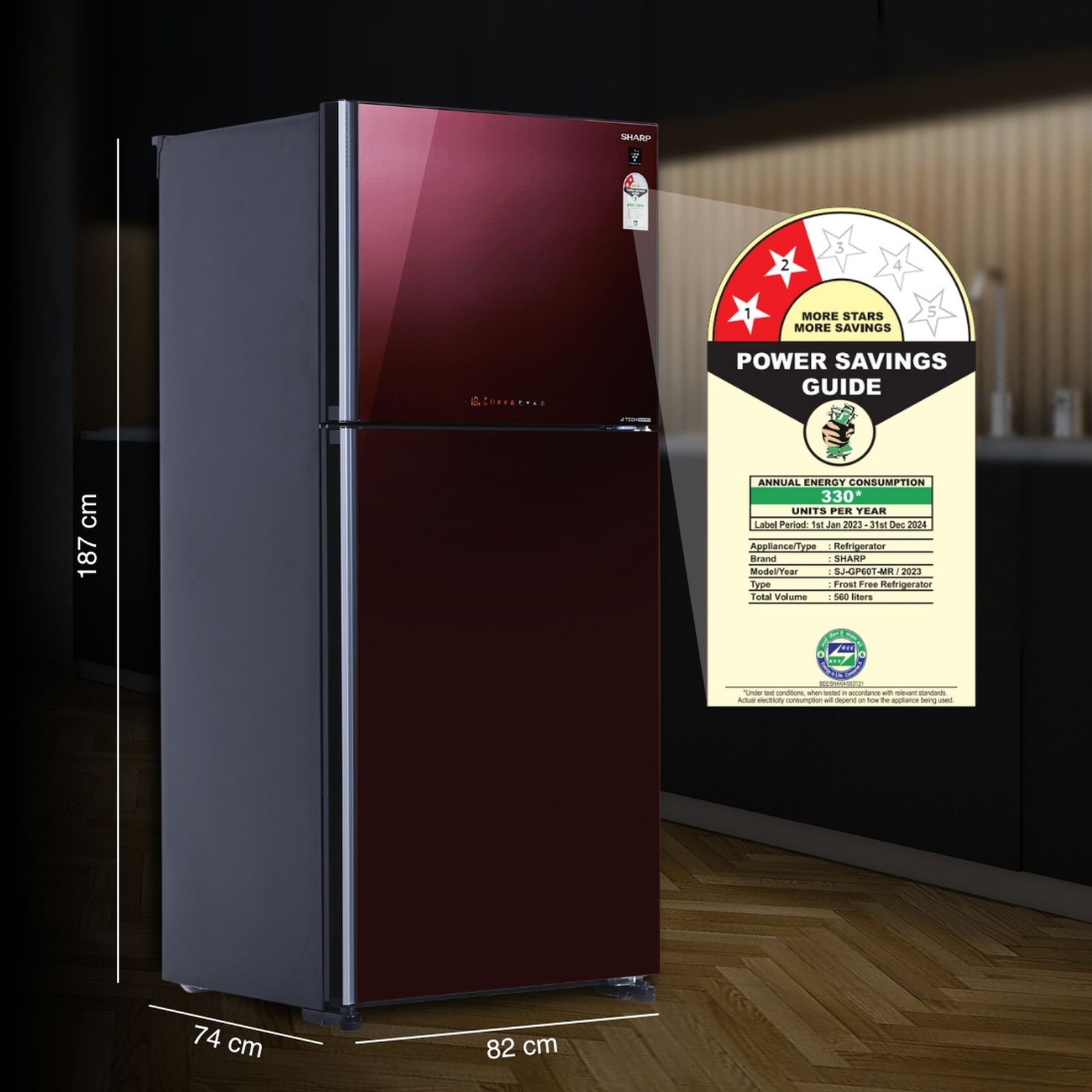 SHARP 556 Litres 2 Star Frost Free Double Door Refrigerator with Plasmacluster Technology (SJ-GP60T-MR, Maroon)_9