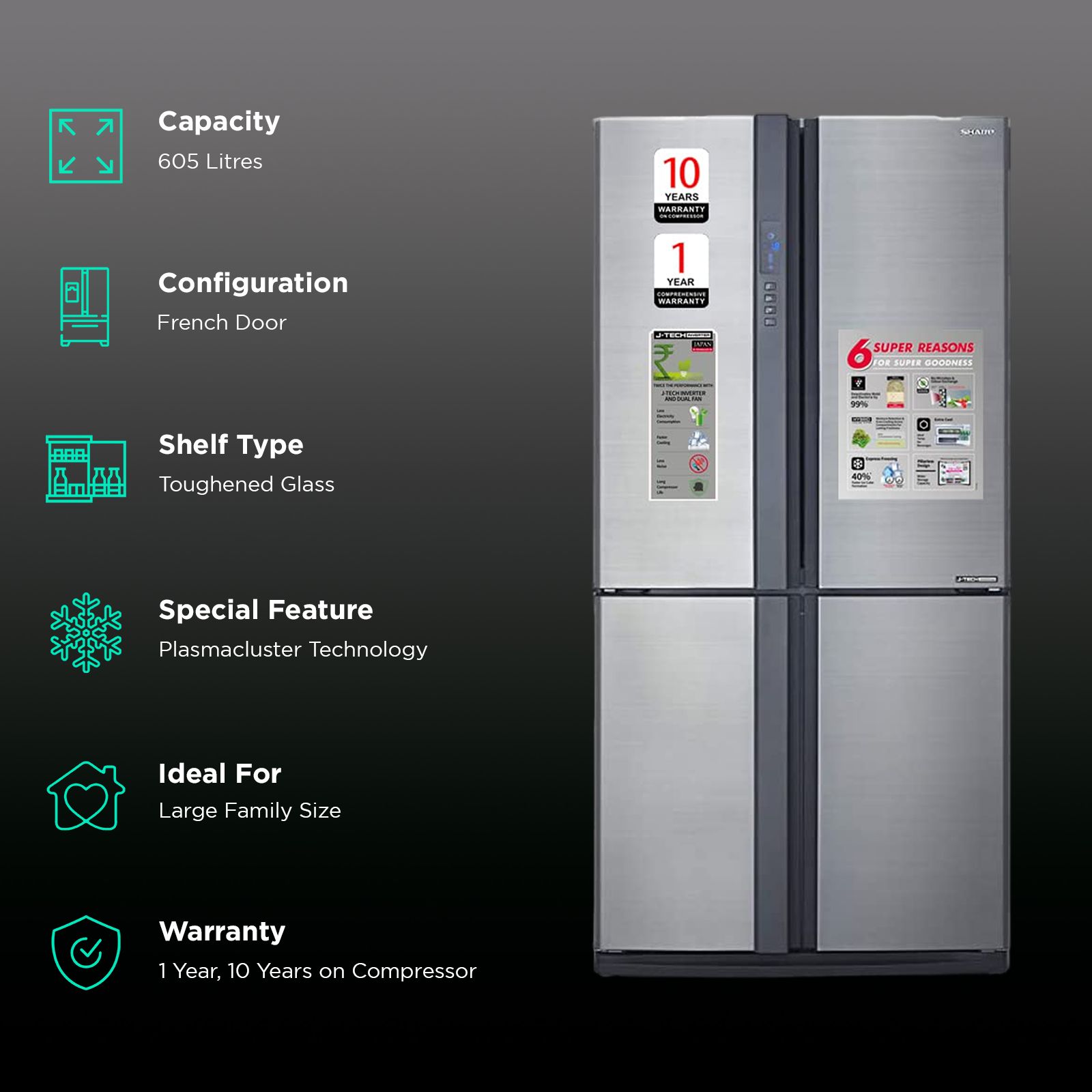SHARP 605 Litres 5 Star Frost Free French Door Refrigerator with Express Freezing (SJ-EP70F-SL, Silver)_2