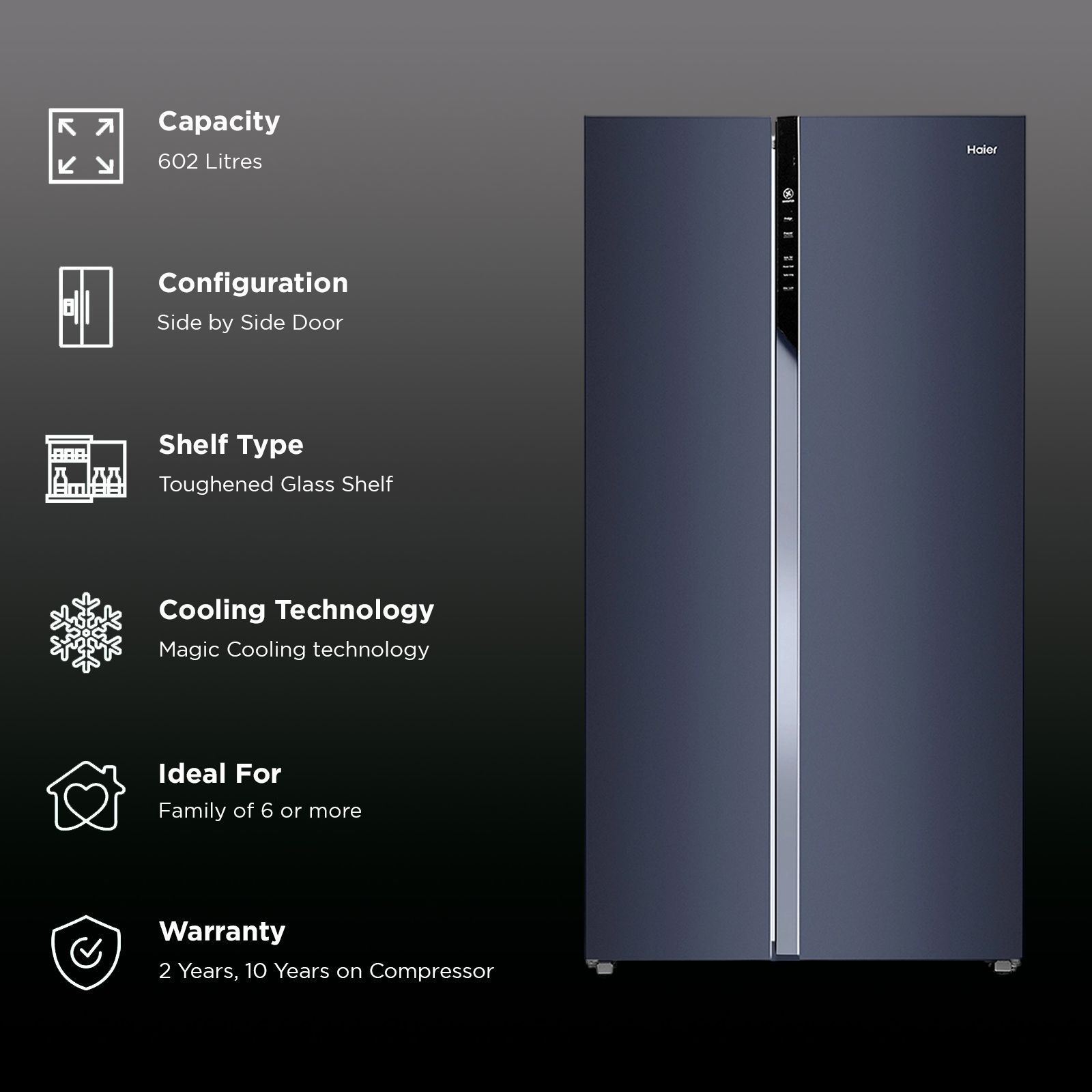 Haier 602 Litres 3 Star Frost Free Side By Side Door Smart Wifi Enabled Convertible Refrigerator with Deo Fresh Technology (HRS-682GKU1, Graphite Black) Haier 602 Litres 3 Star Frost Free Side By Side Door Smart Wifi Enabled Convertible Refrigerator with Deo Fresh Technology (HRS-682GKU1, Graphite Black)_2
