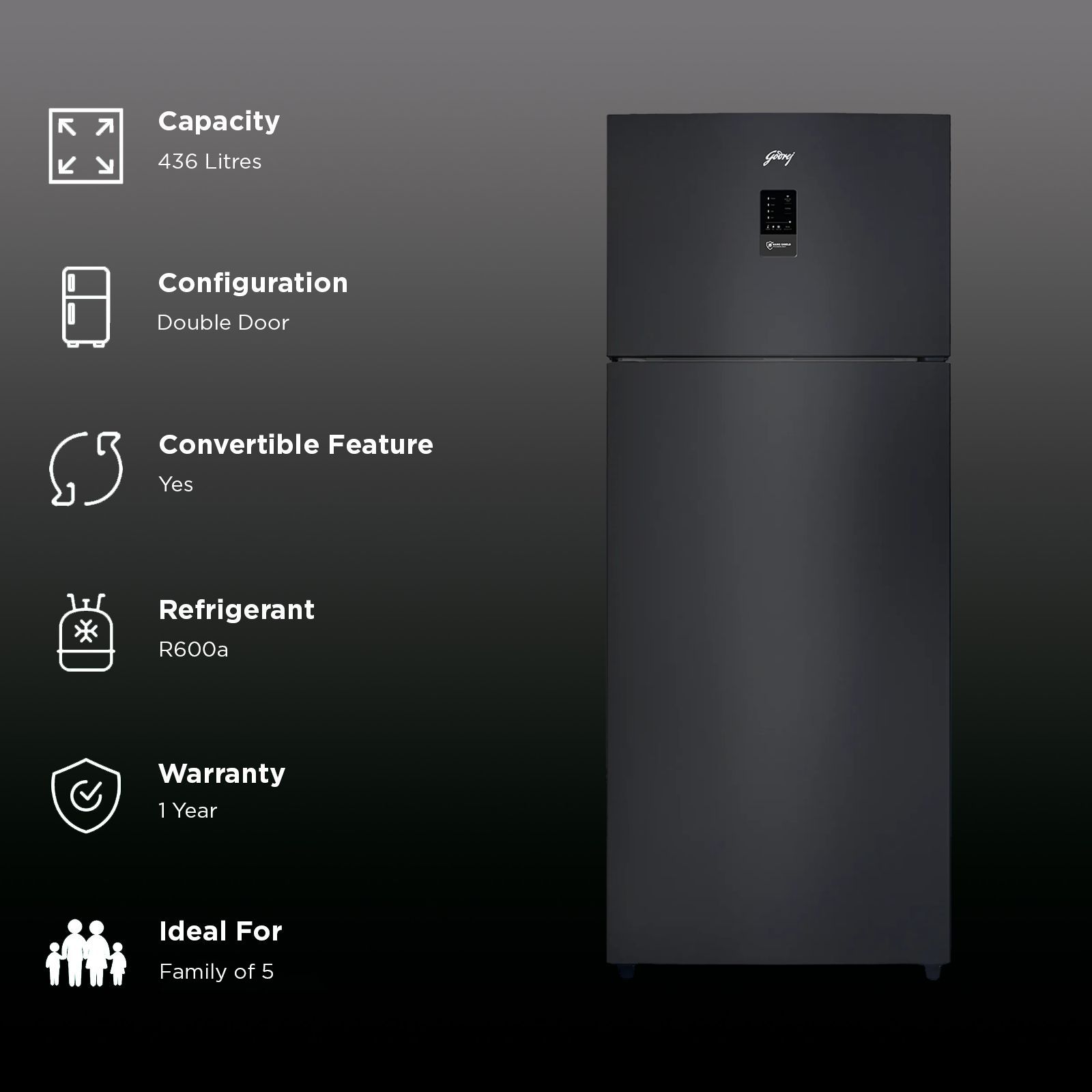 Godrej Eon Regalis 436 Litres 2 Star Frost Free Double Door Convertible Refrigerator with Nano Shield Technology (RT EONREGALIS 477B RCI MT BK, Matte Black)_2