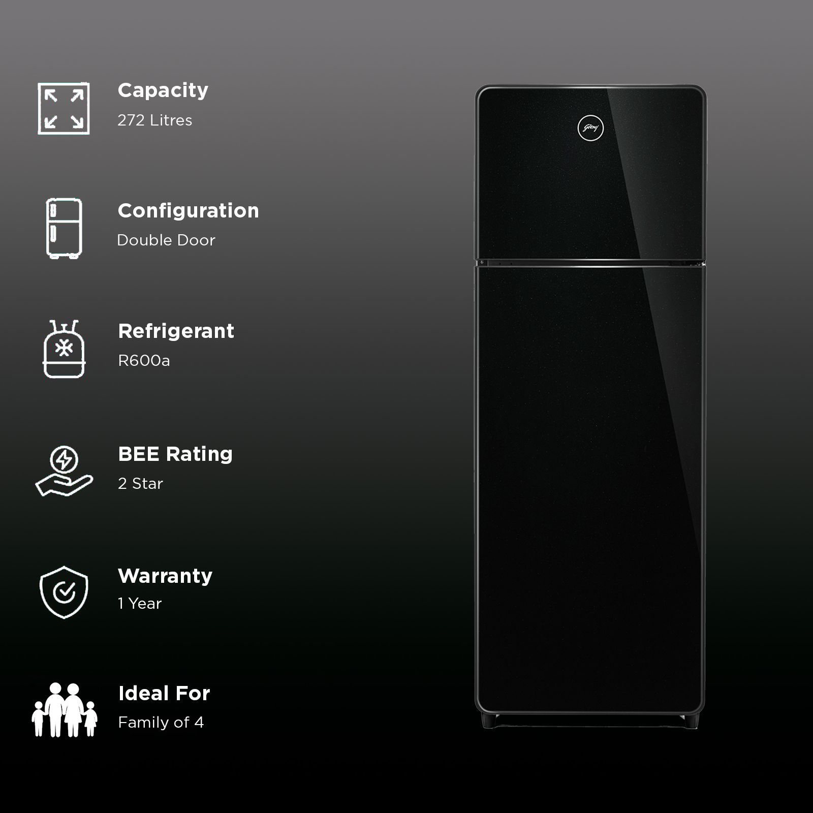 Godrej Eon Crystal 272 Litres 2 Star Frost Free Double Door Refrigerator with Advanced Inverter Technology (RT EONCRYSTAL 310B RI OB, Black Glass)_2
