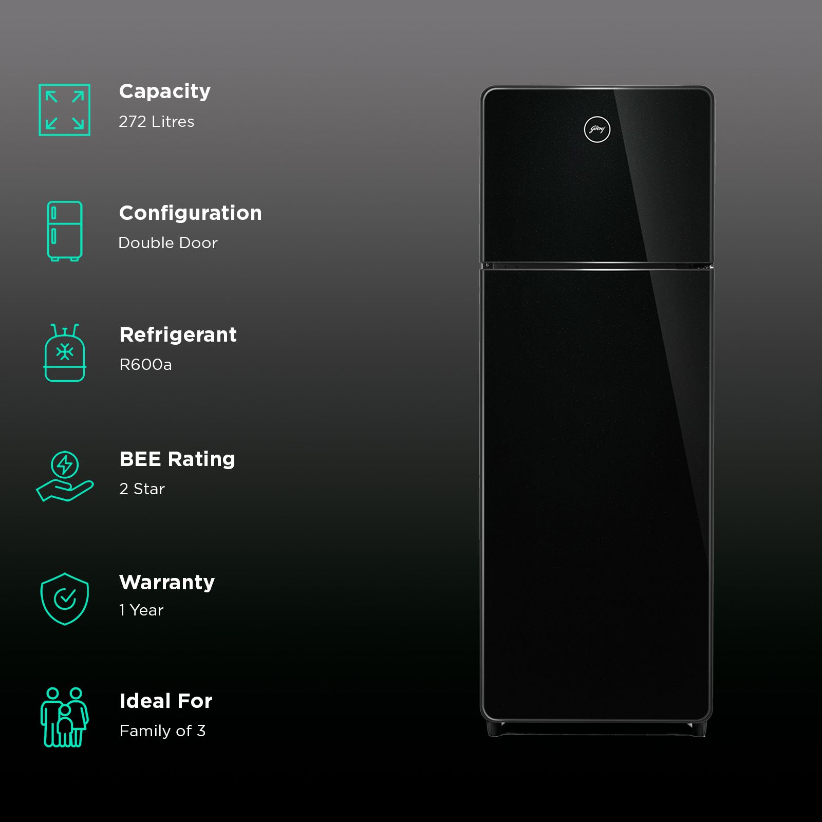 Godrej Eon Crystal 272 Litres 2 Star Frost Free Double Door Refrigerator with Advanced Inverter Technology (RT EONCRYSTAL 310B RI OB, Black Glass) Godrej Eon Crystal 272 Litres 2 Star Frost Free Double Door Refrigerator with Advanced Inverter Technology (RT EONCRYSTAL 310B RI OB, Black Glass)_2