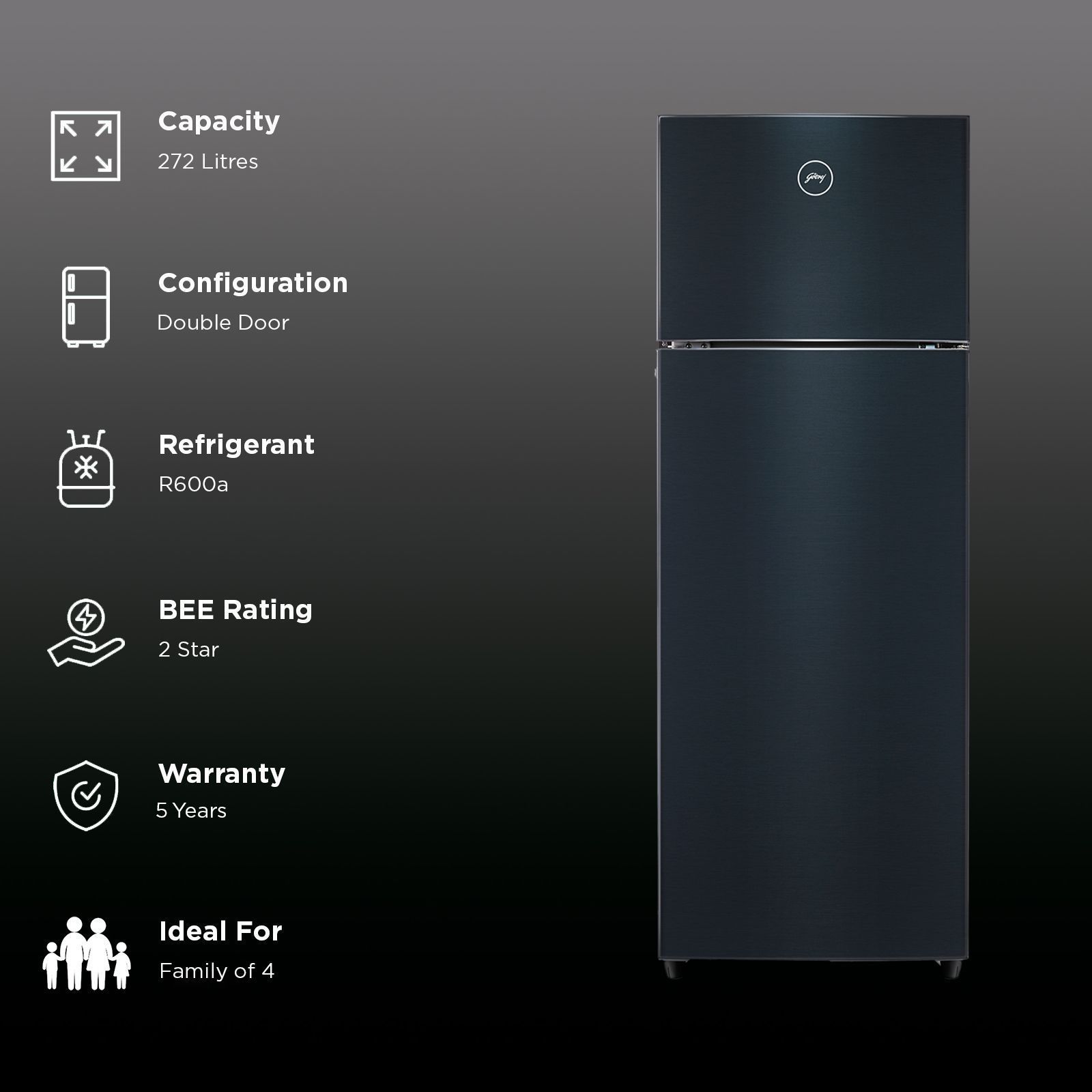 Godrej Eon Valor 272 Litres 2 Star Frost Free Double Door Refrigerator with Cool Balance Technology (RT EONVALOR 310B RI, Fossil Steel)_2