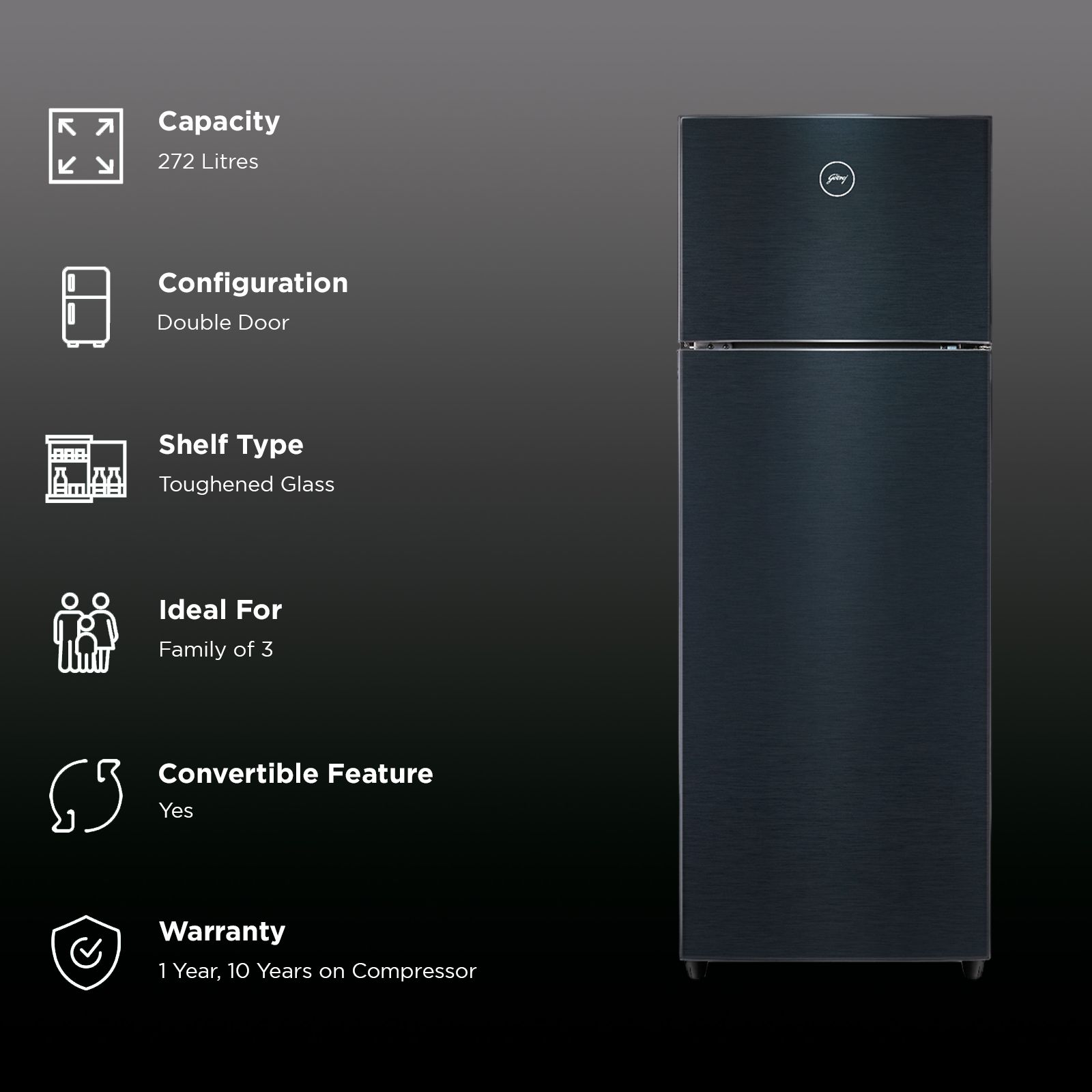 Godrej Eon Valor 272 Litres 3 Star Frost Free Double Door Convertible Refrigerator with Nano Shield Technology (RT EONVALOR 310C RCIT MT BK, Matt Black) Godrej Eon Valor 272 Litres 3 Star Frost Free Double Door Convertible Refrigerator with Nano Shield Technology (RT EONVALOR 310C RCIT MT BK, Matt Black)_2