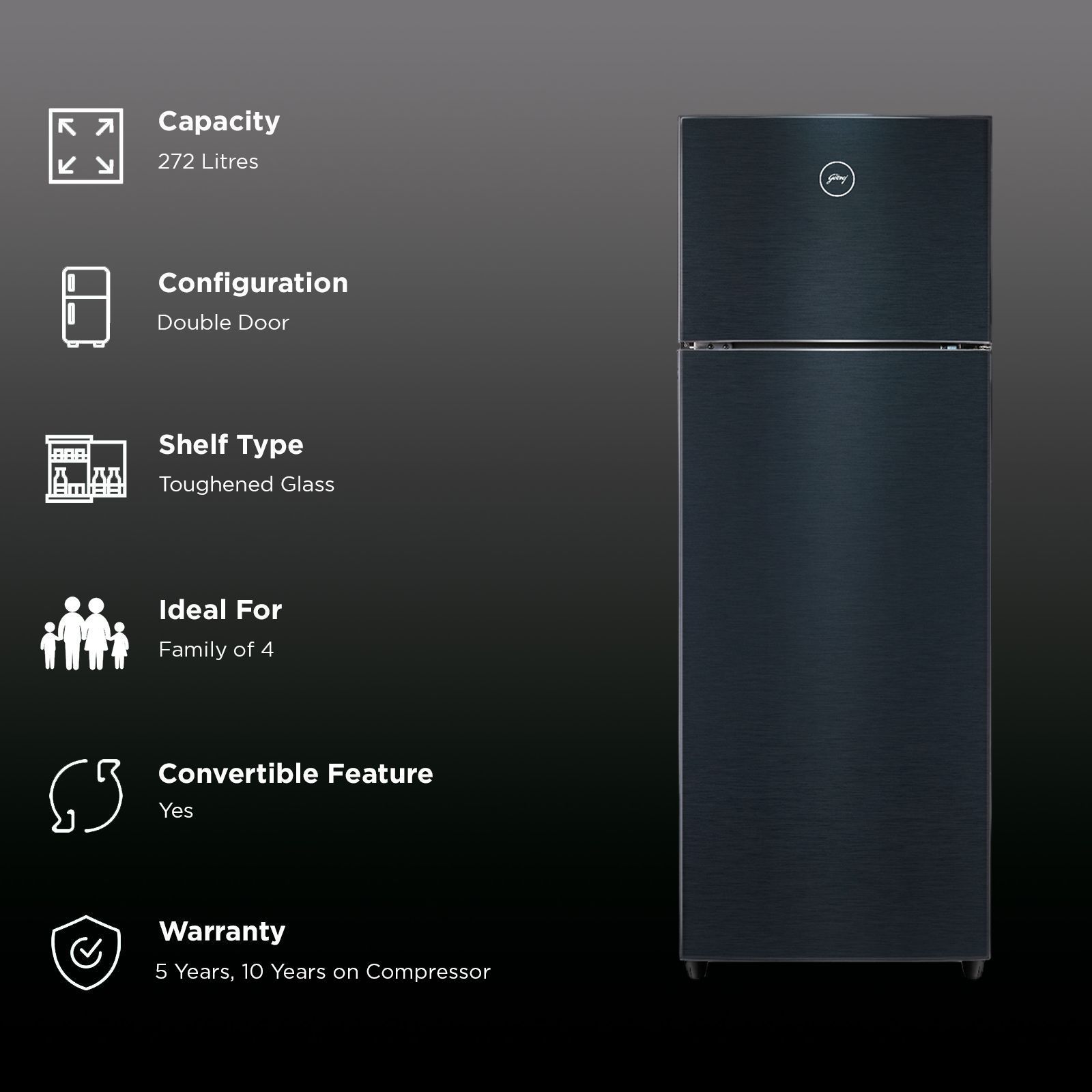 Godrej Eon Valor 272 Litres 3 Star Frost Free Double Door Convertible Refrigerator with Nano Shield Technology (RT EONVALOR 310C RCIT MT BK, Matt Black)_2