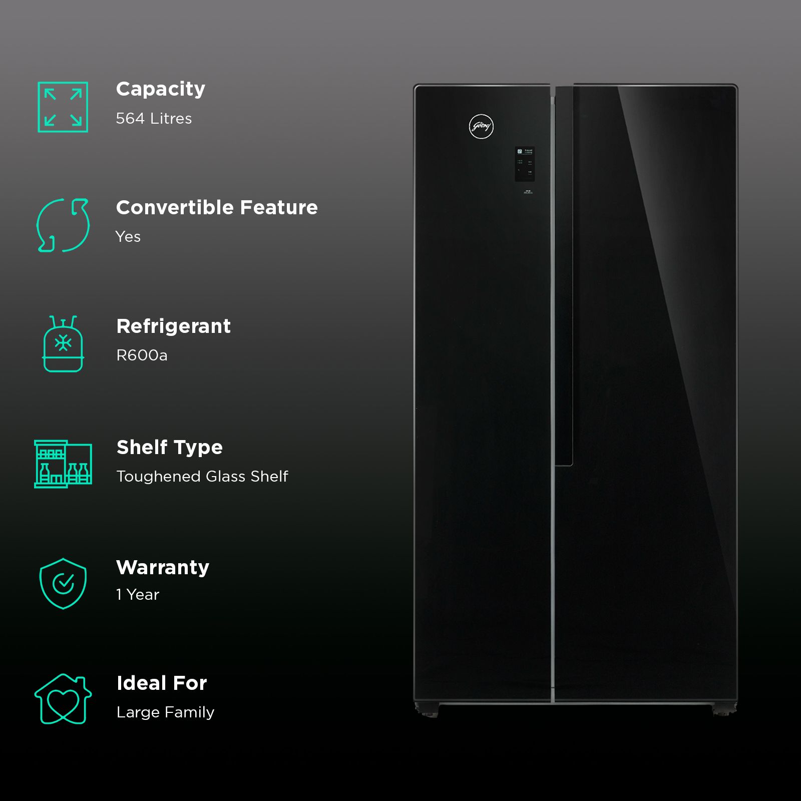 Godrej EONVELVET 564 Litres Frost Free Side By Side Refrigerator with Multi Air Flow Technology (RS EONVELVET 579 RFD GL BK, Black Glass)_2