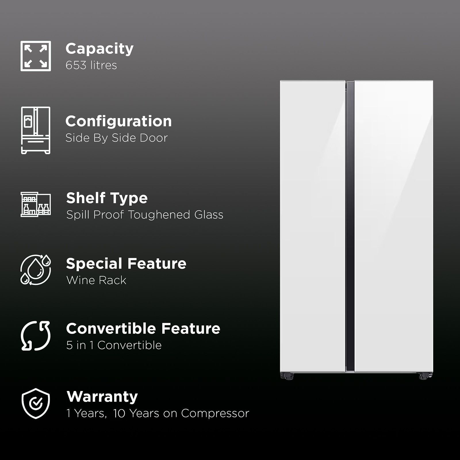SAMSUNG 653 Litres 3 Star Frost Free Side by Side Door Smart Wifi Enabled Convertible Refrigerator with Twin Cooling Plus Technology (RS76CB81A312/HL, Clean White)_3