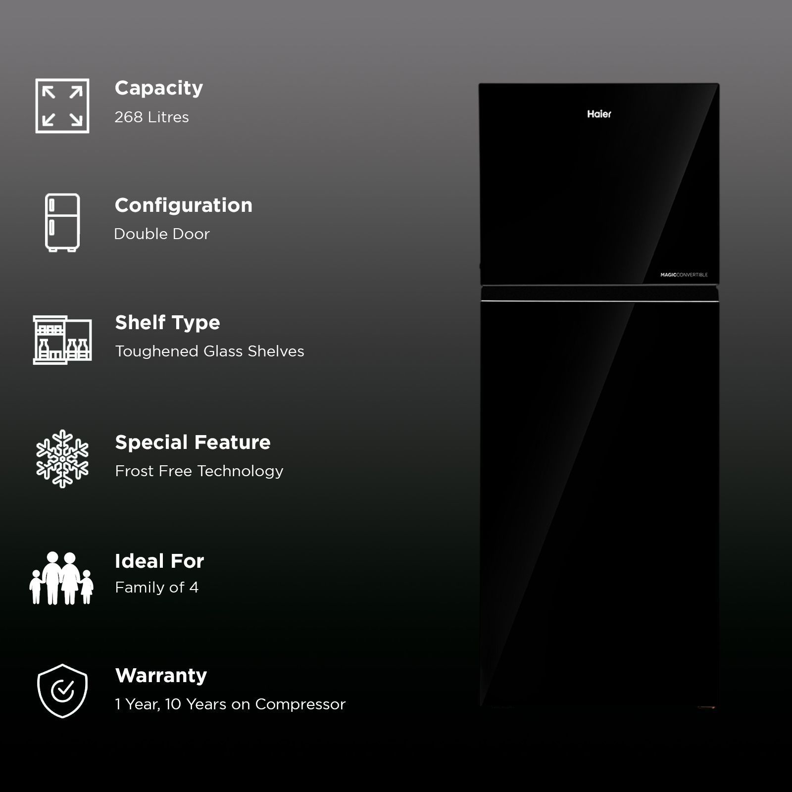 Haier 268 Litres 2 Star Frost Free Double Door Convertible Refrigerator with Turbo Icing (HRF-3182PKG-P, Black Glass)_2
