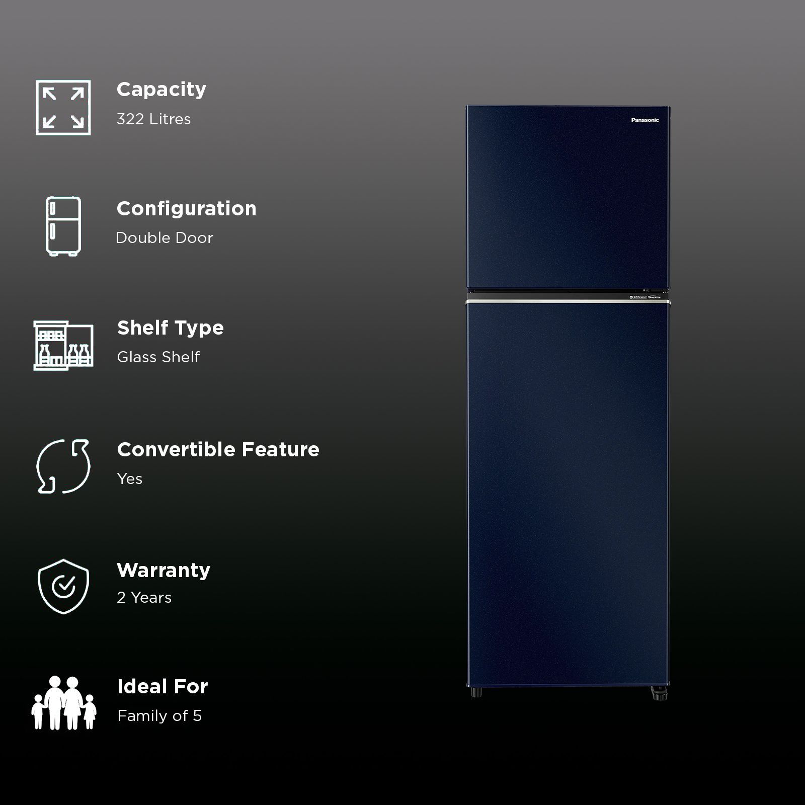 Panasonic TG Series 322 Litres 2 Star Frost Free Double Door Convertible Refrigerator with Surround Cooling Technology (NR-TG368BPAN, Ocean Blue)_2