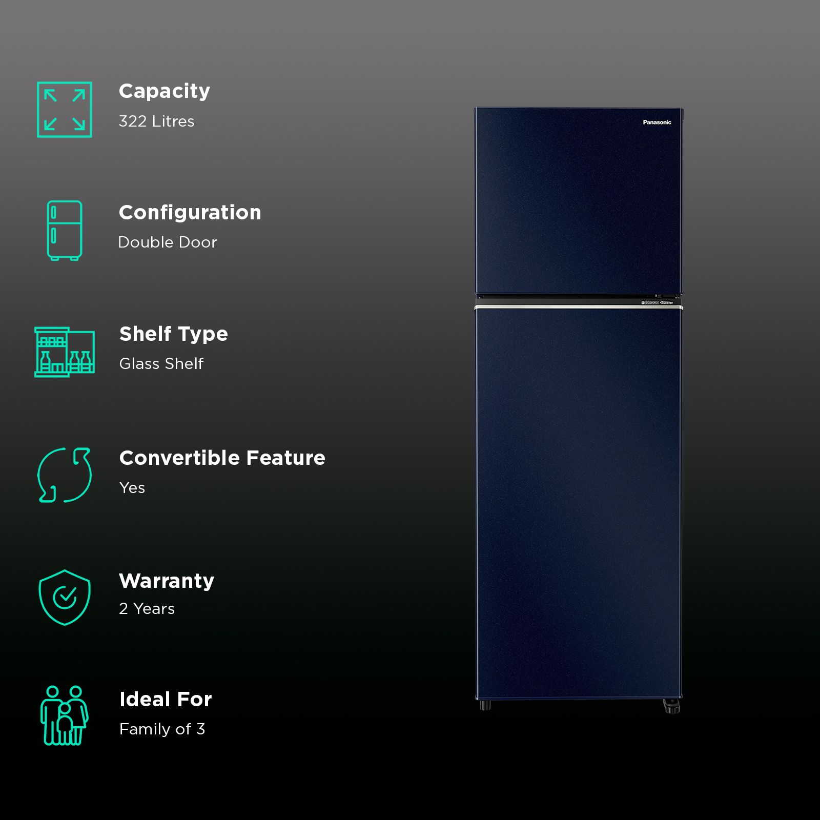 Panasonic TG Series 322 Litres 2 Star Frost Free Double Door Convertible Refrigerator with Surround Cooling Technology (NR-TG368BPAN, Ocean Blue)_2