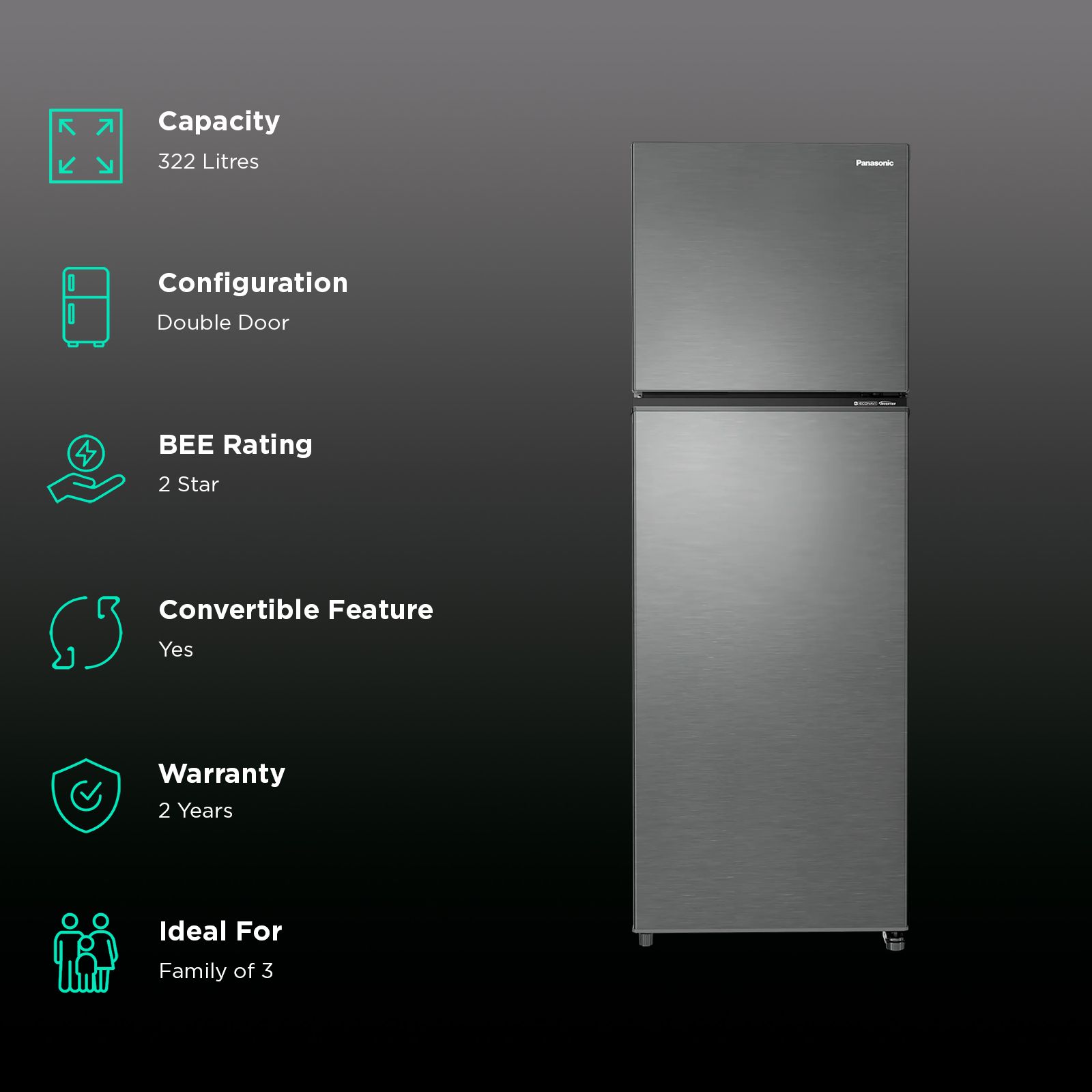 Panasonic 322 Litres 2 Star Frost Free Double Door Convertible Refrigerator with Surround Cooling (NR-TG366BVHN, Electric Grey)_2