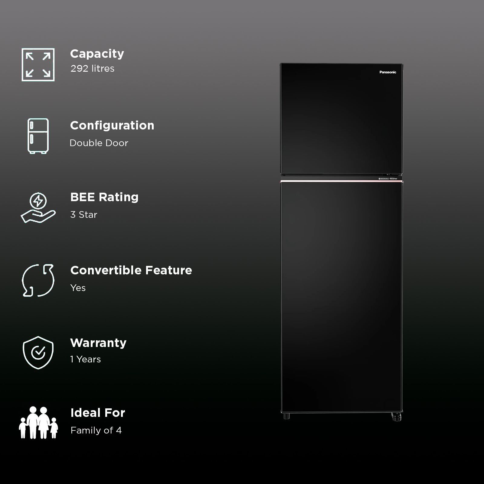 Panasonic TG Series 292 Litres 3 Star Frost Free Double Door Convertible Refrigerator with Surround Cooling Technology (NR-TG338CPKN, Diamond Black)_2