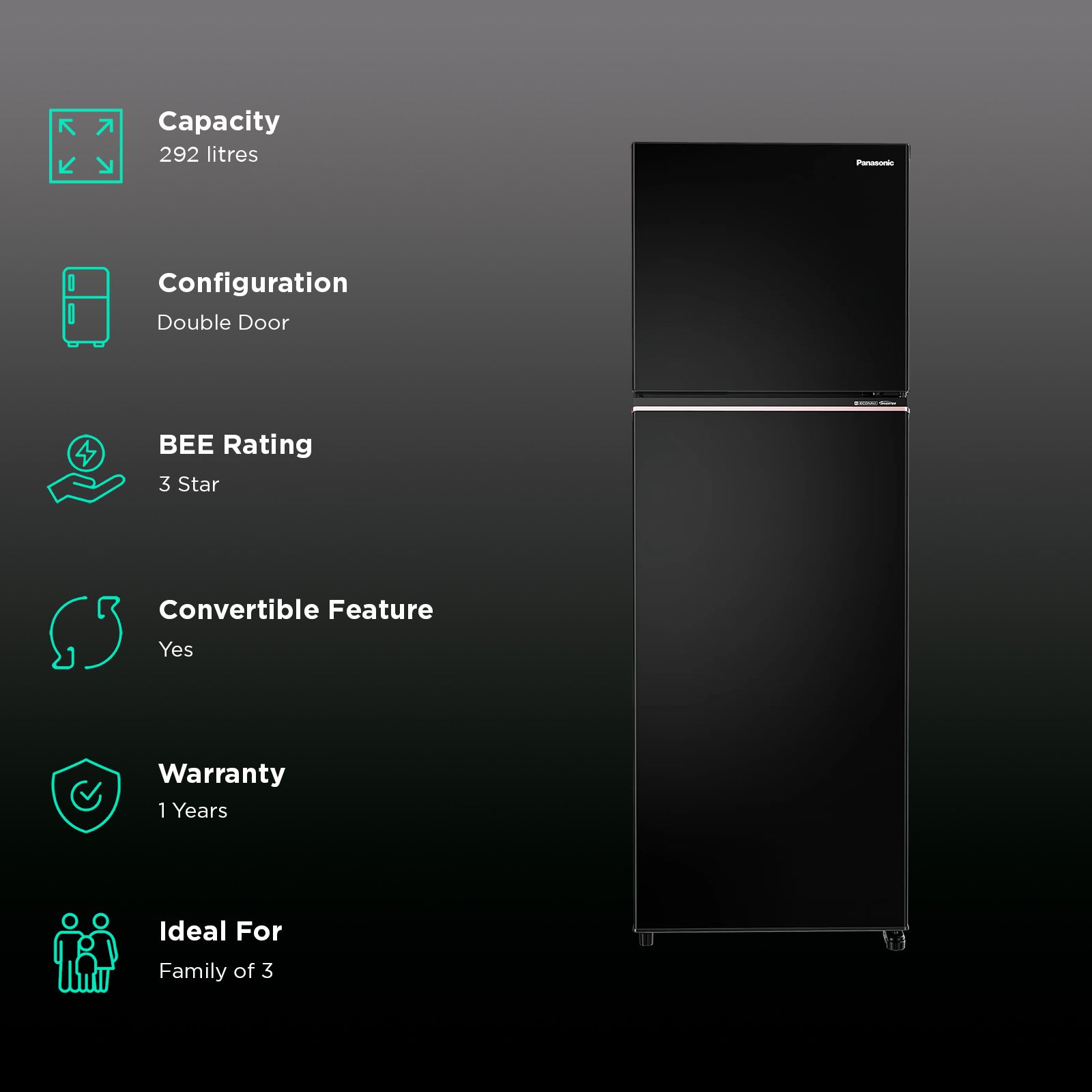 Panasonic TG Series 292 Litres 3 Star Frost Free Double Door Convertible Refrigerator with Surround Cooling Technology (NR-TG338CPKN, Diamond Black)_2