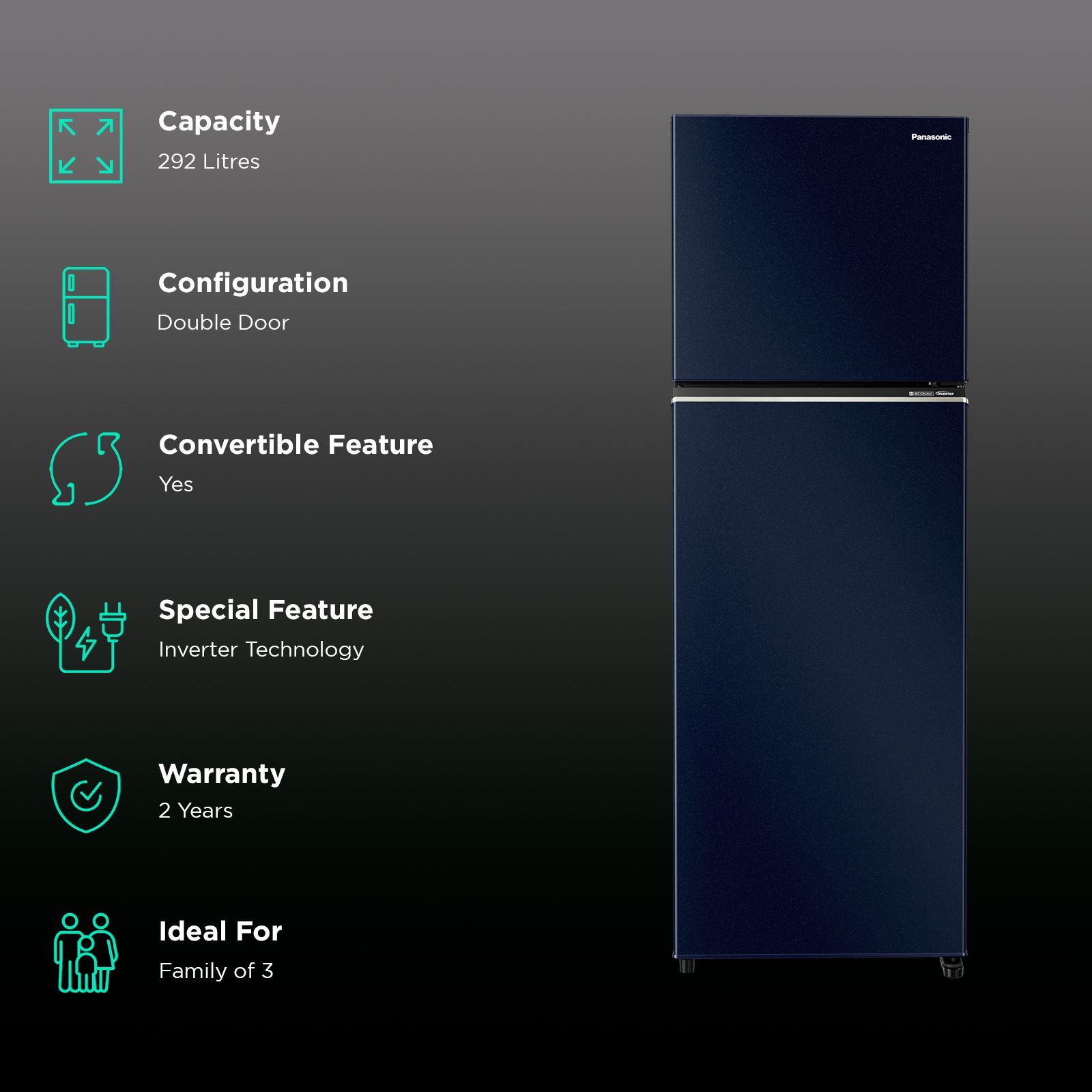 Panasonic 292 Litres 2 Star Frost Free Double Door Convertible Refrigerator with Surround Cooling (NR-TG338BPAN, Ocean Blue) Panasonic 292 Litres 2 Star Frost Free Double Door Convertible Refrigerator with Surround Cooling (NR-TG338BPAN, Ocean Blue)_2