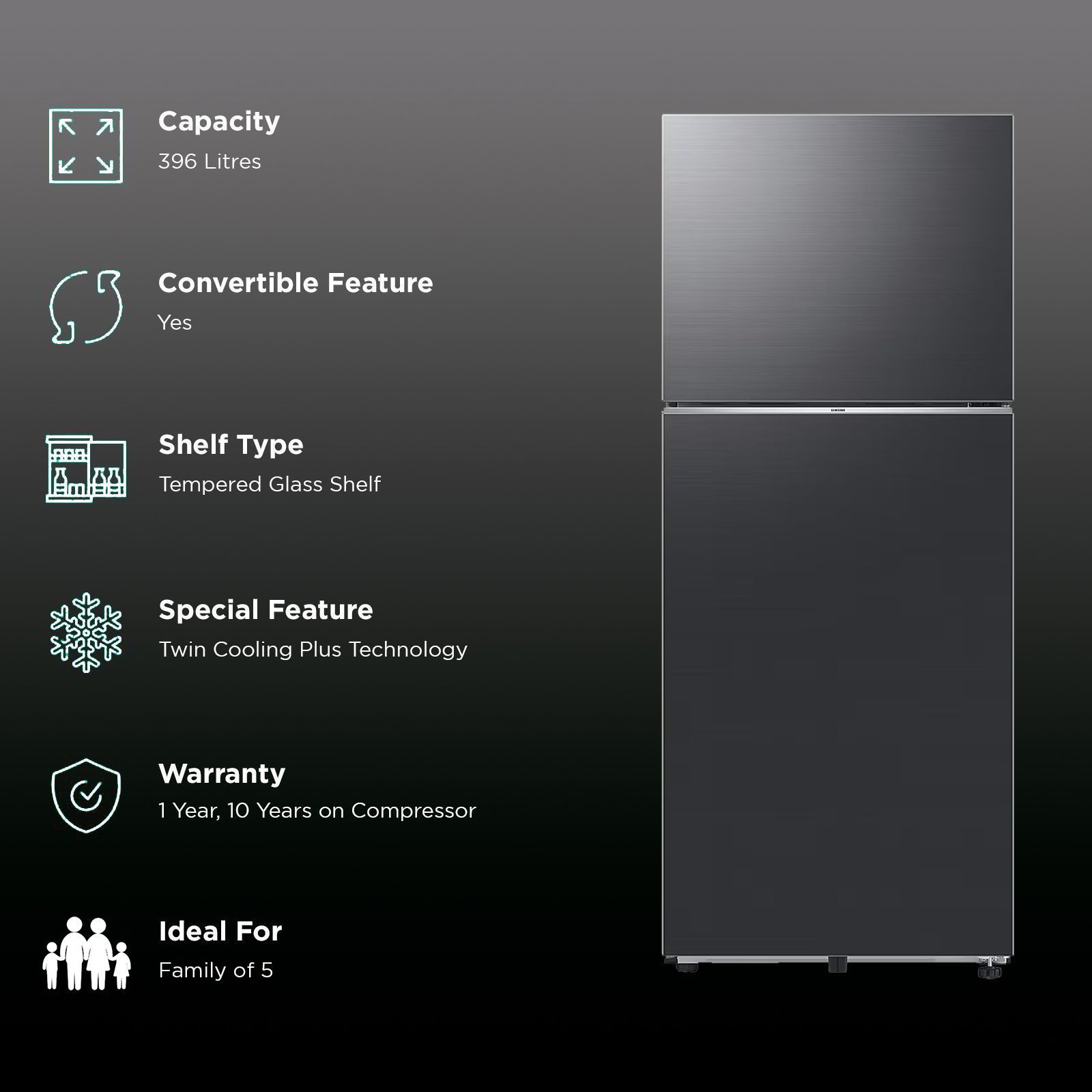 SAMSUNG 396 Litres 2 Star Frost Free Double Door Smart Wifi Enabled Convertible Refrigerator with Digital Inverter Compressor (RT41DG6A2BB1HL, Black Matt)_2