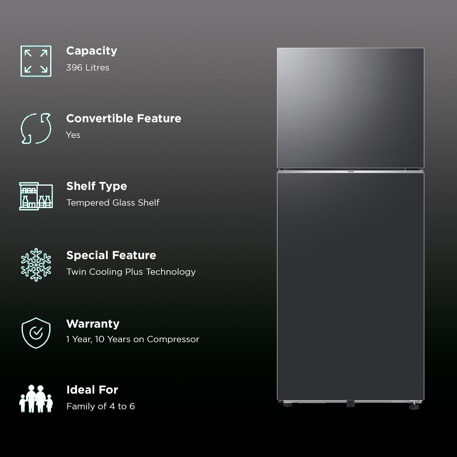 SAMSUNG 396 Litres 2 Star Frost Free Double Door Smart Wifi Enabled Convertible Refrigerator with Digital Inverter Compressor (RT41DG6A2BB1HL, Black Matt)_2