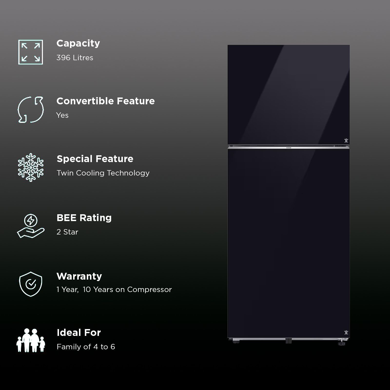 SAMSUNG 396 Litres 2 Star Frost Free Double Door Smart Wifi Enabled Convertible Refrigerator with Digital Inverter Compressor (RT41DB6A4B22HL, Black Glass)_2