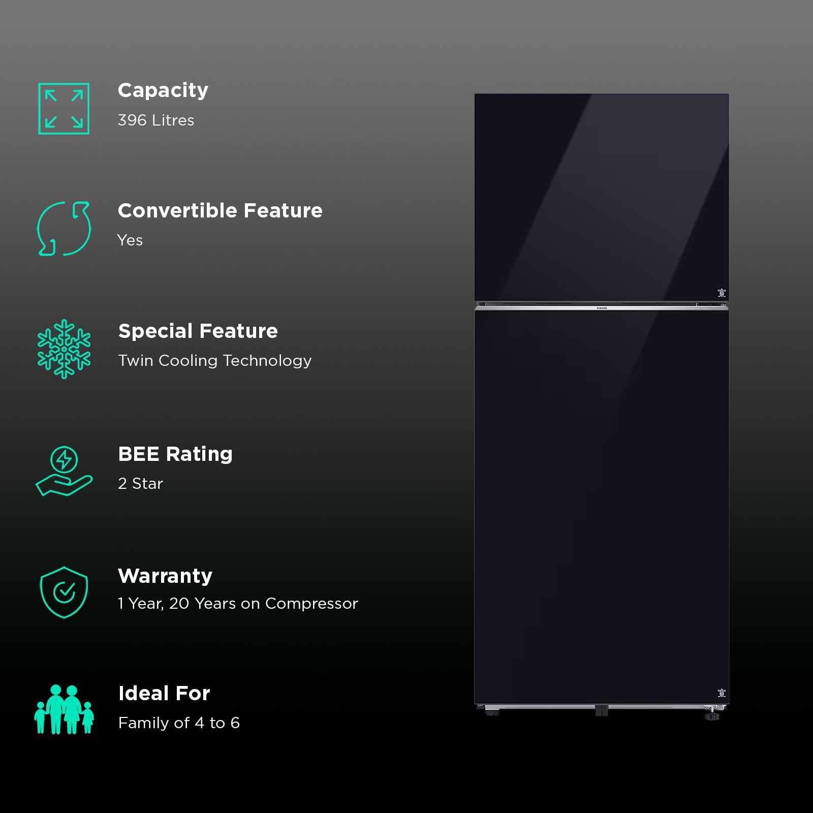 SAMSUNG 396 Litres 2 Star Frost Free Double Door Smart Wifi Enabled Convertible Refrigerator with Digital Inverter Compressor (RT41DB6A4B22HL, Black Glass) SAMSUNG 396 Litres 2 Star Frost Free Double Door Smart Wifi Enabled Convertible Refrigerator with Digital Inverter Compressor (RT41DB6A4B22HL, Black Glass)_2