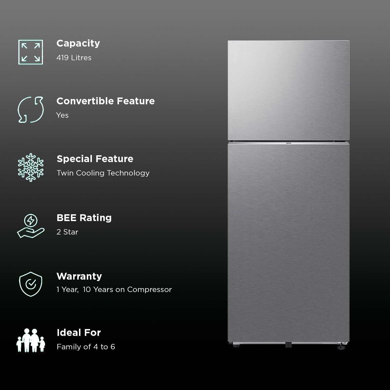 SAMSUNG 419 Litres 2 Star Frost Free Double Door Smart Wifi Enabled Convertible Refrigerator with Digital Inverter Compressor (RT45DG6A2BSLHL, Real Stainless)_2