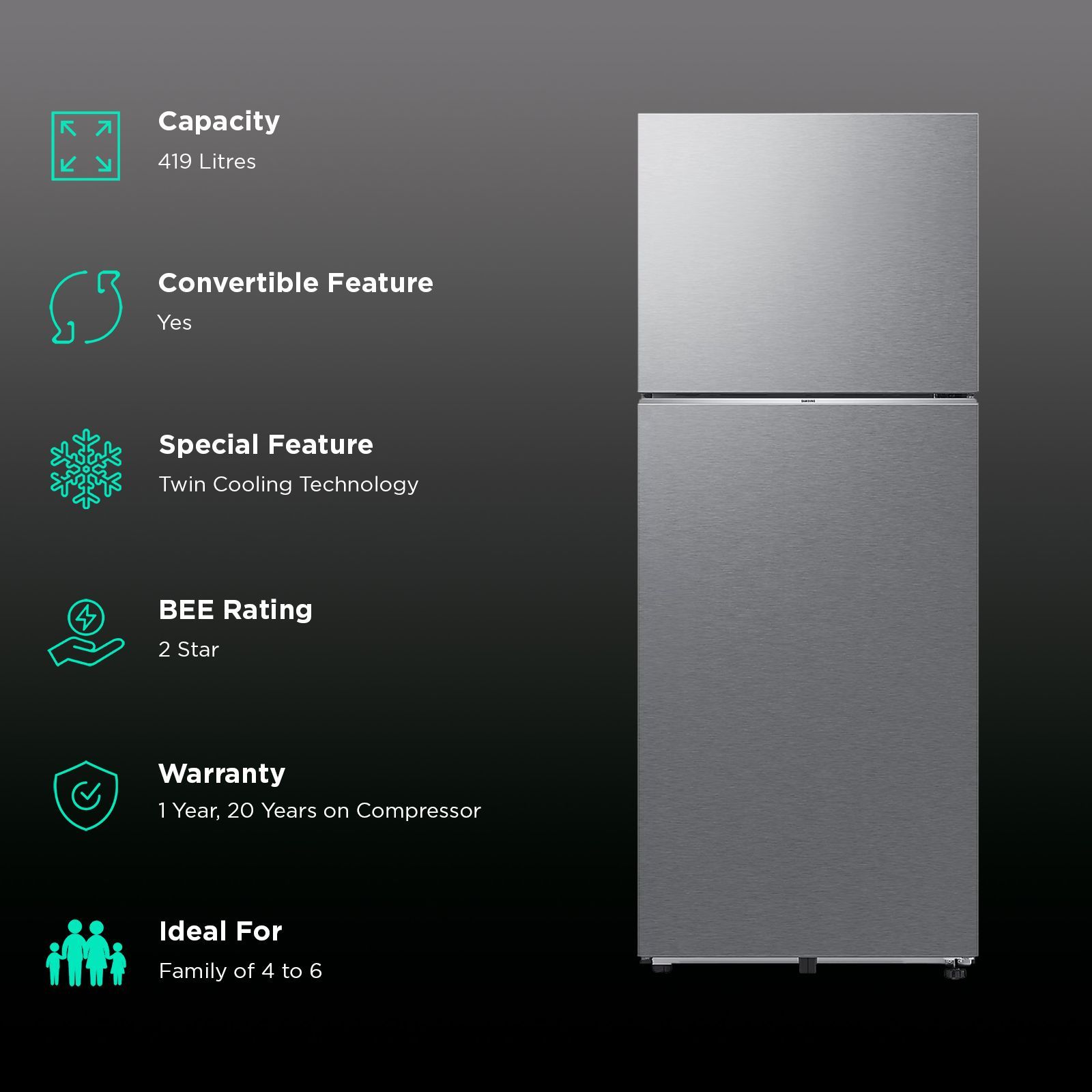 SAMSUNG 419 Litres 2 Star Frost Free Double Door Smart Wifi Enabled Convertible Refrigerator with Digital Inverter Compressor (RT45DG6A2BSLHL, Real Stainless) SAMSUNG 419 Litres 2 Star Frost Free Double Door Smart Wifi Enabled Convertible Refrigerator with Digital Inverter Compressor (RT45DG6A2BSLHL, Real Stainless)_2