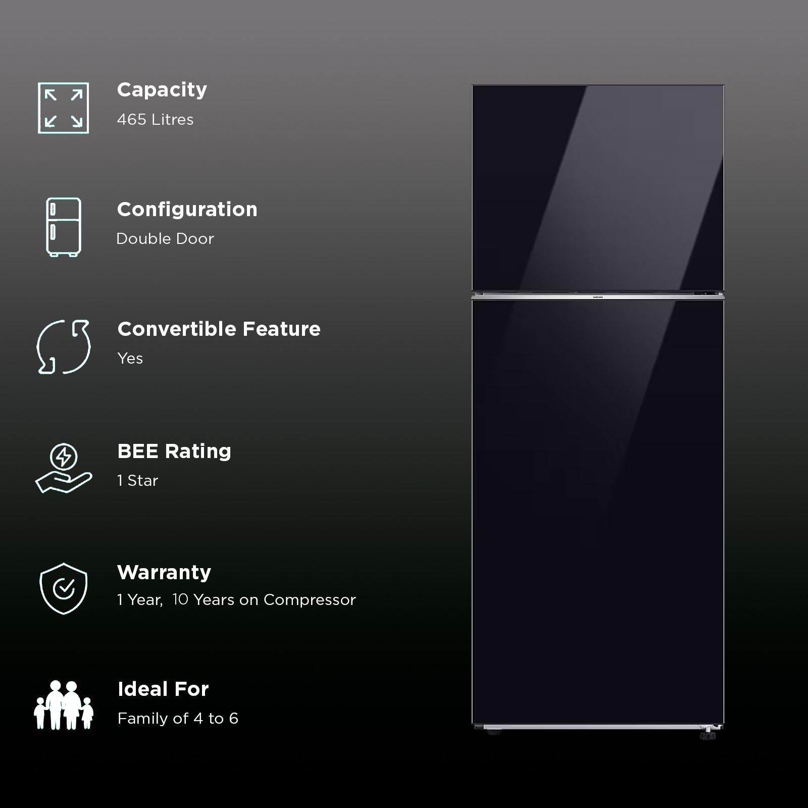 SAMSUNG 465 Litres 1 Star Frost Free Double Door Smart Wifi Enabled Refrigerator with AI Energy Mode (RT51DB682A22TL, Black Glass)_2