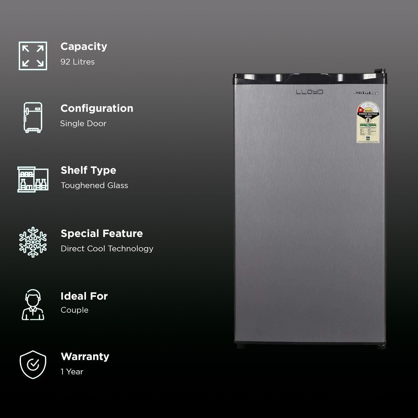 LLOYD 92 Litres 1 Star Direct Cool Single Door Refrigerator with Toughened Glass Shelf (GLDC111RGMT1JC, Grey)_2