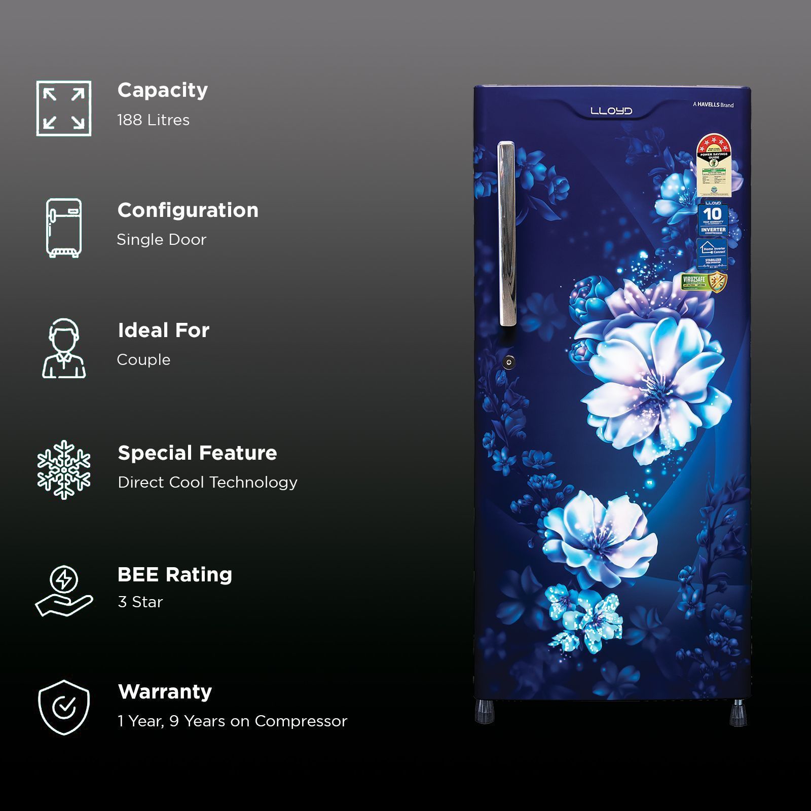 LLOYD 188 Litres 3 Star Direct Cool Single Door Refrigerator with Antibacterial Gasket (GLDC203SCBT2LC, Cherry Blossom Blue)_2