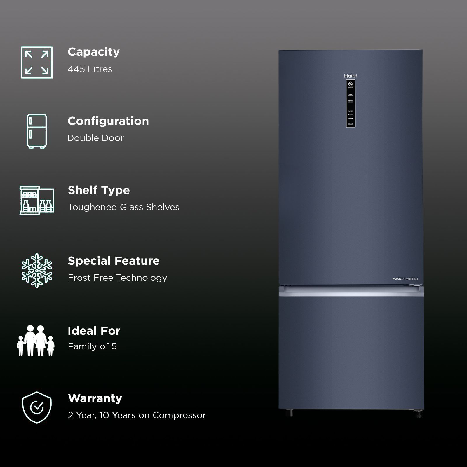 Haier 445 Litres 2 Star Frost Free Double Door Bottom Mount Convertible Refrigerator with 1 Hour Icing Technology (HRB-4952BGK-P, Graphite Black)_2