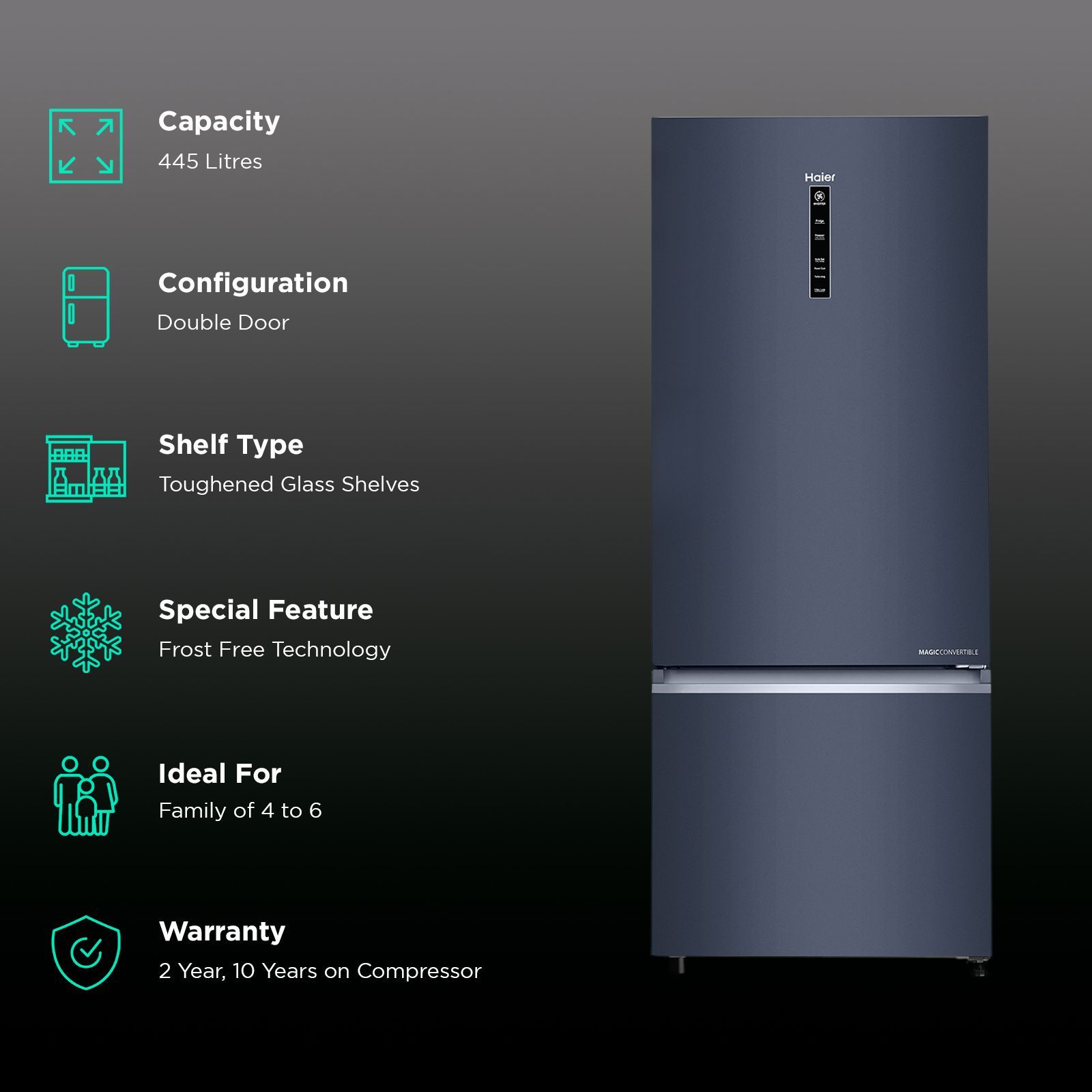 Haier 445 Litres 2 Star Frost Free Double Door Bottom Mount Convertible Refrigerator with 1 Hour Icing Technology (HRB-4952BGK-P, Graphite Black)_2